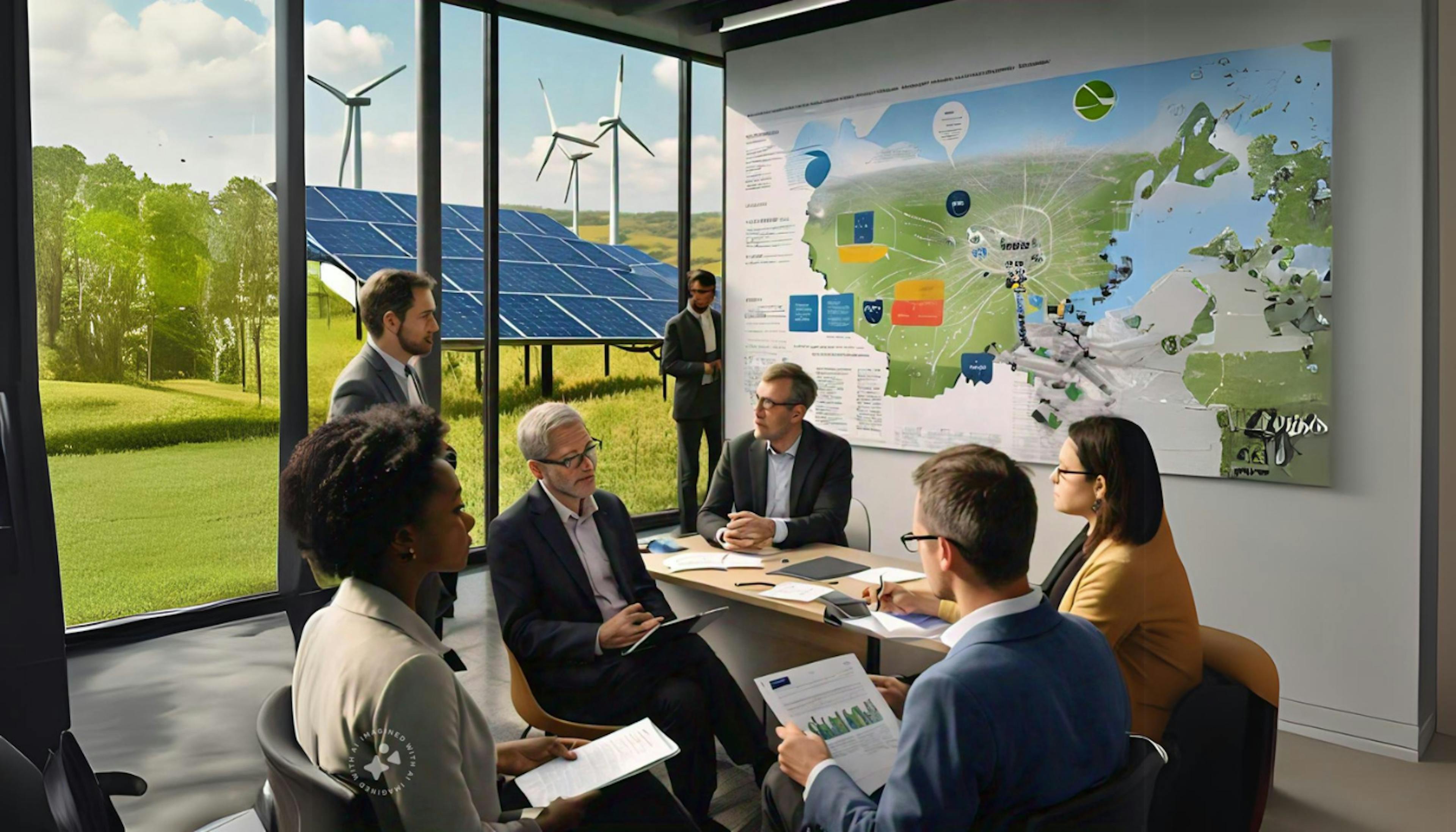 People discussing renewable energy with wind turbines, solar panels, and charts illustrating state commitments and incentives in the background.