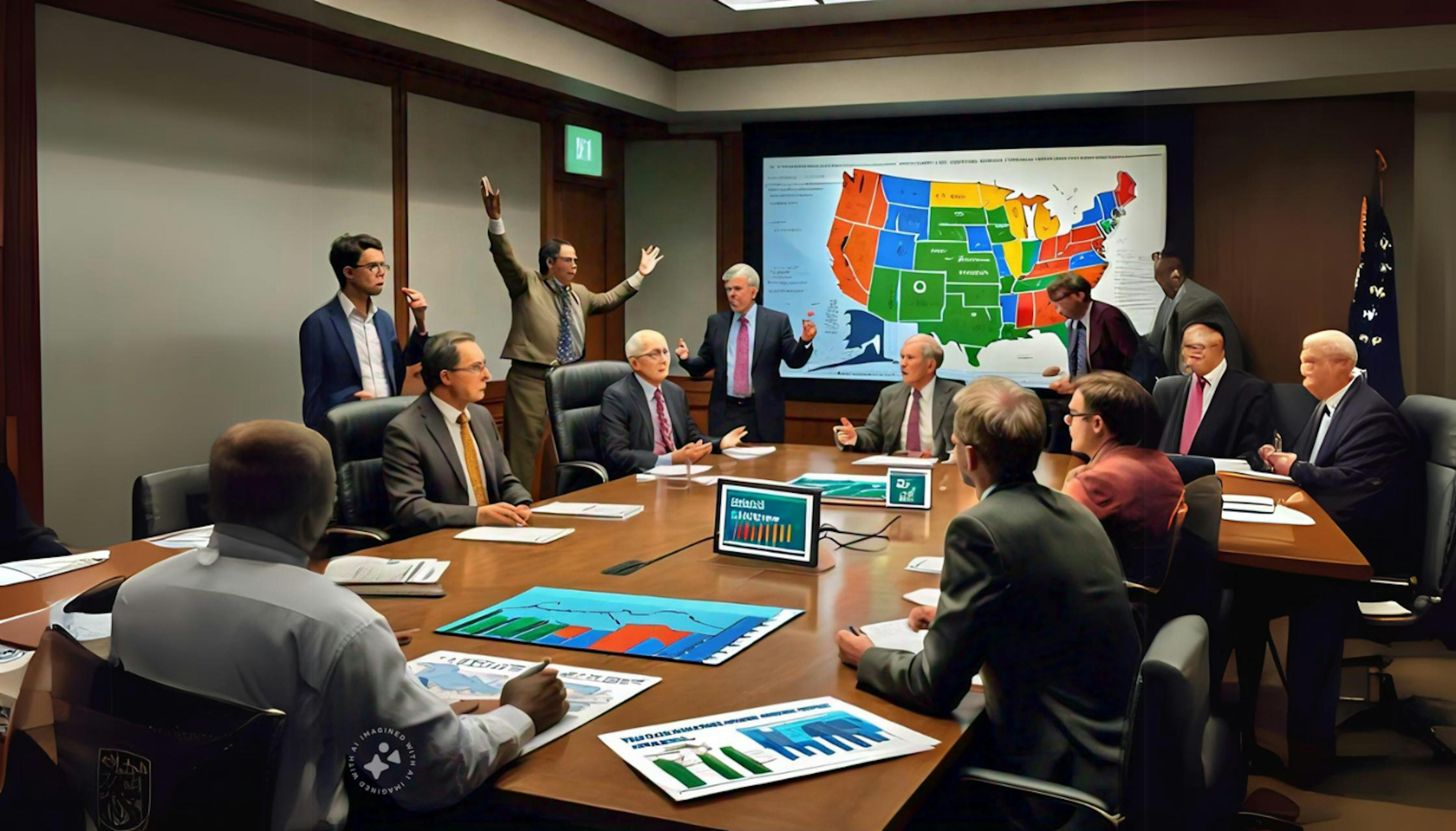 Image of diverse people discussing climate change, showing regional and political differences in views on renewable energy and climate action.