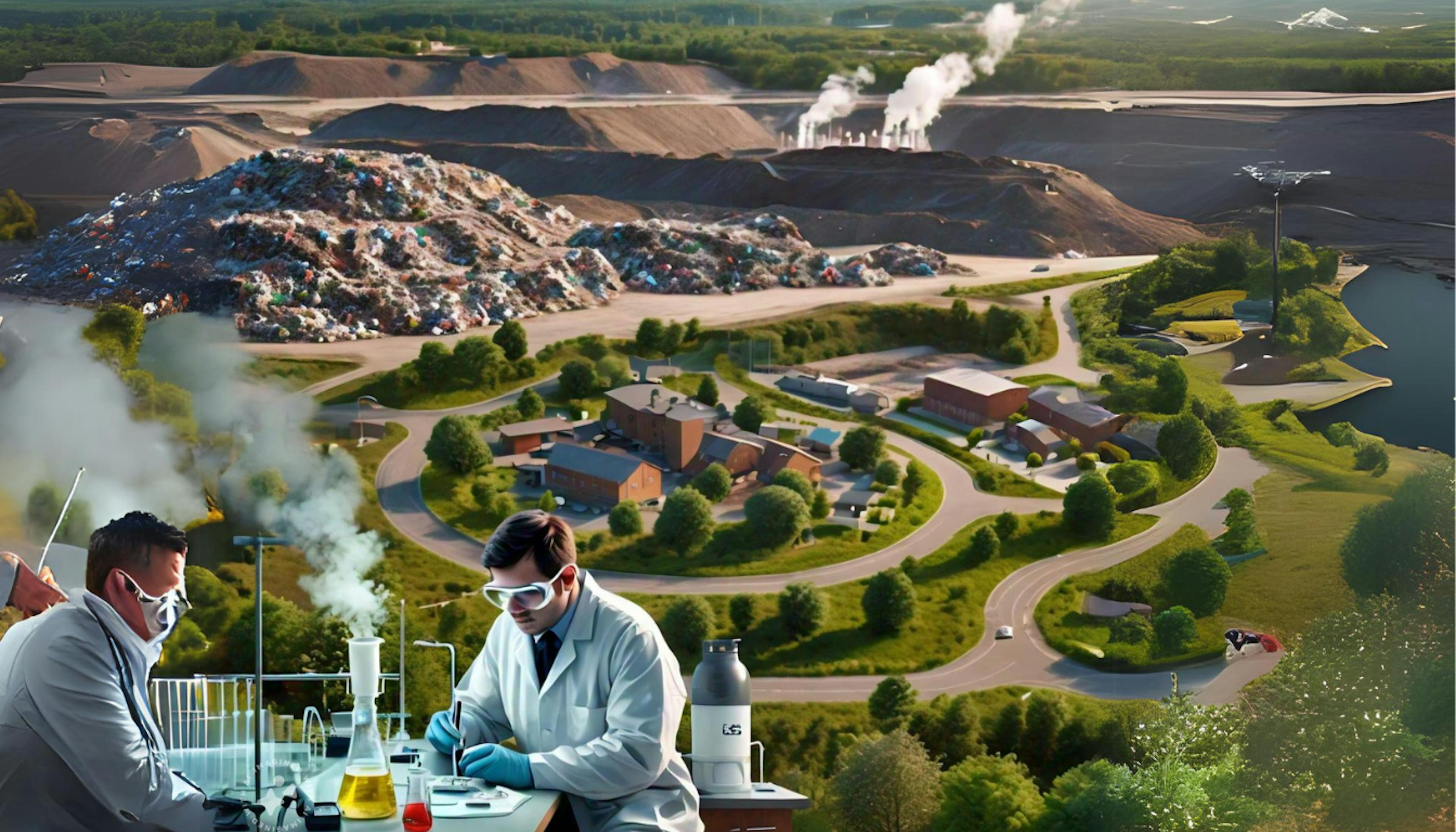 A realistic image showing a large landfill site, contrasting recycling efforts, industrial pollution, health impacts, and integrated green spaces in urban development.