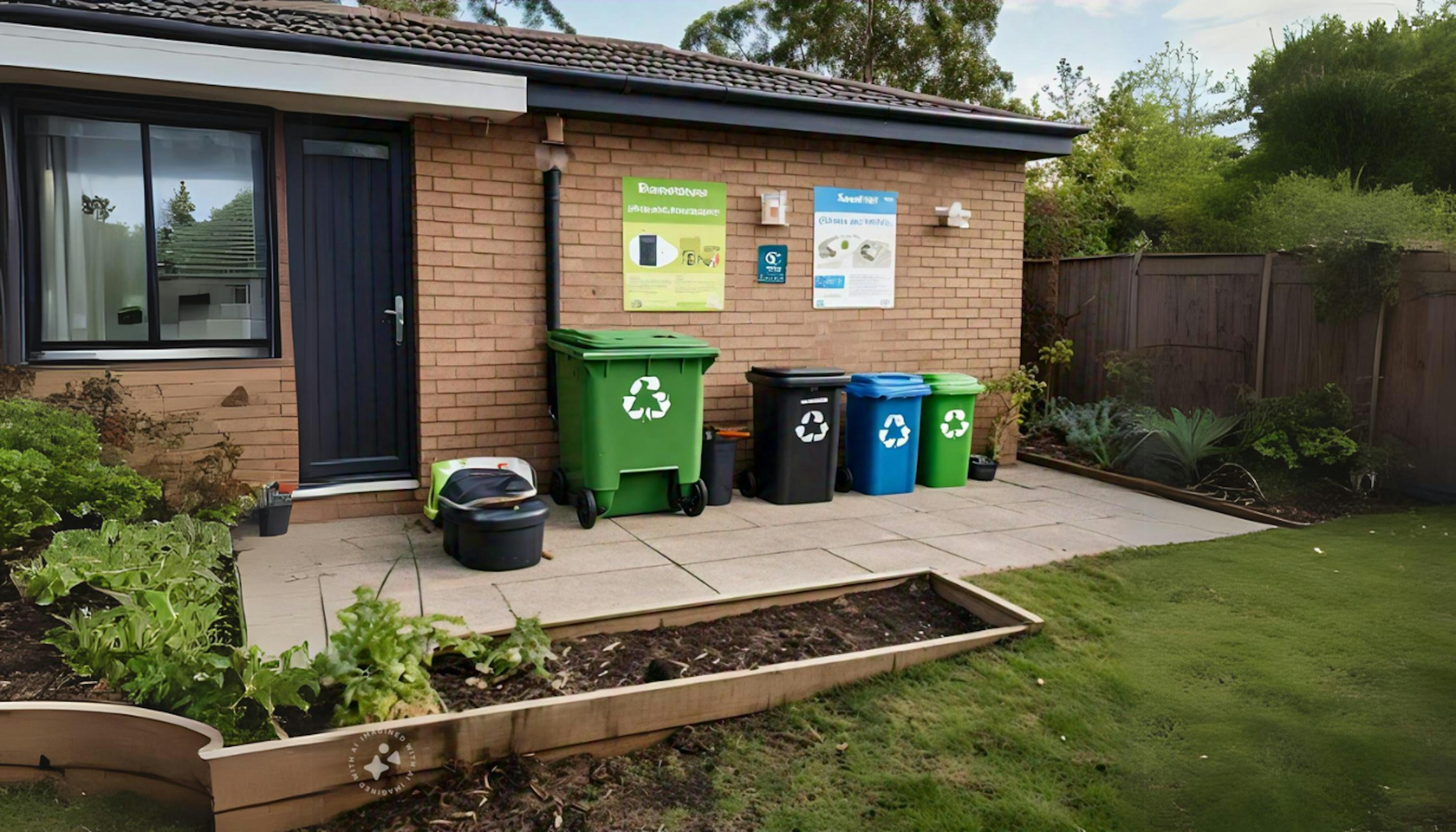 Home setup with recycling bins, a compost bin, and e-waste disposal area.