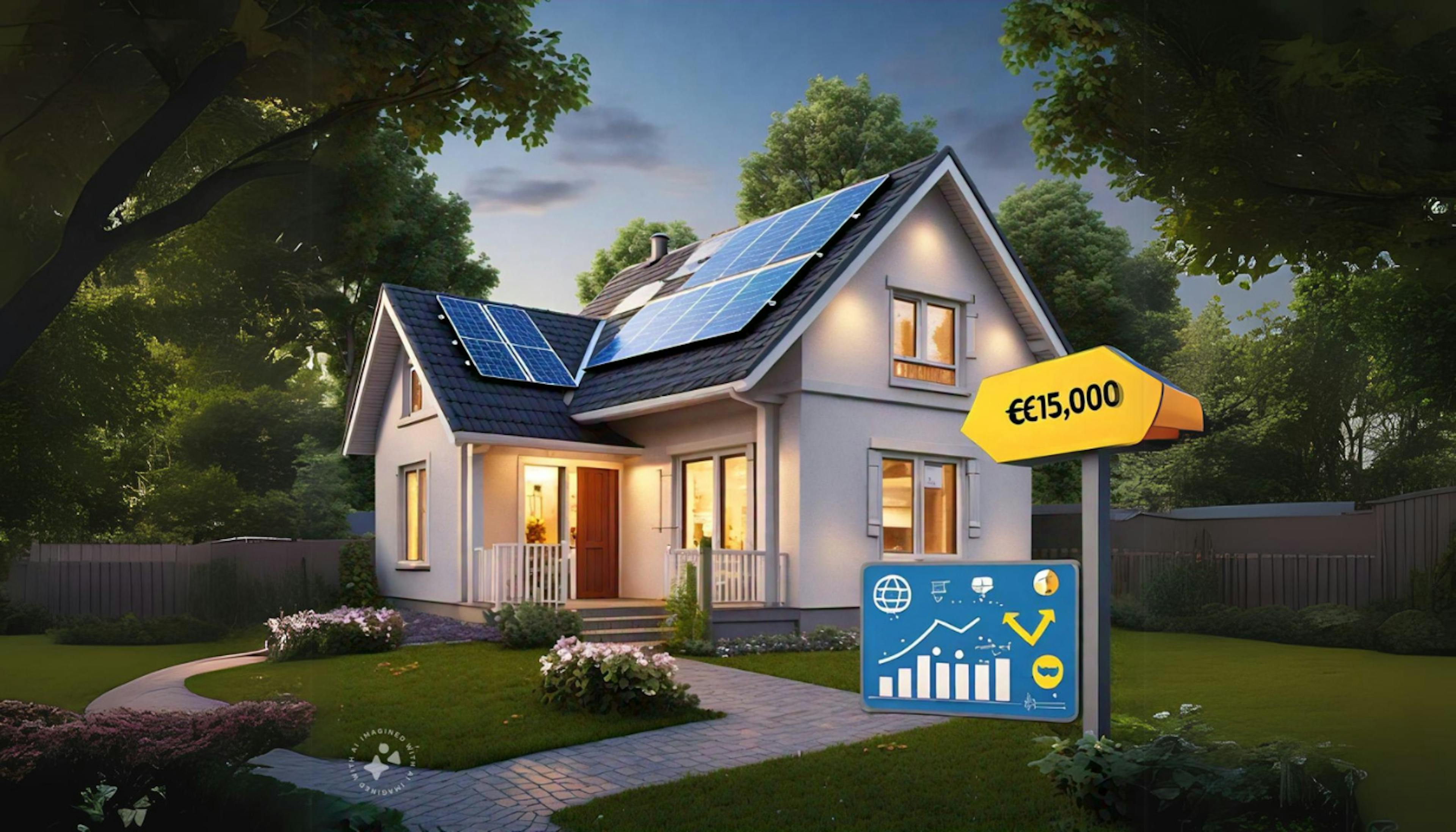 House with solar panels, chart showing a £15,000 increase in property value, and map highlighting states where solar panels boost marketability without lowering property values.