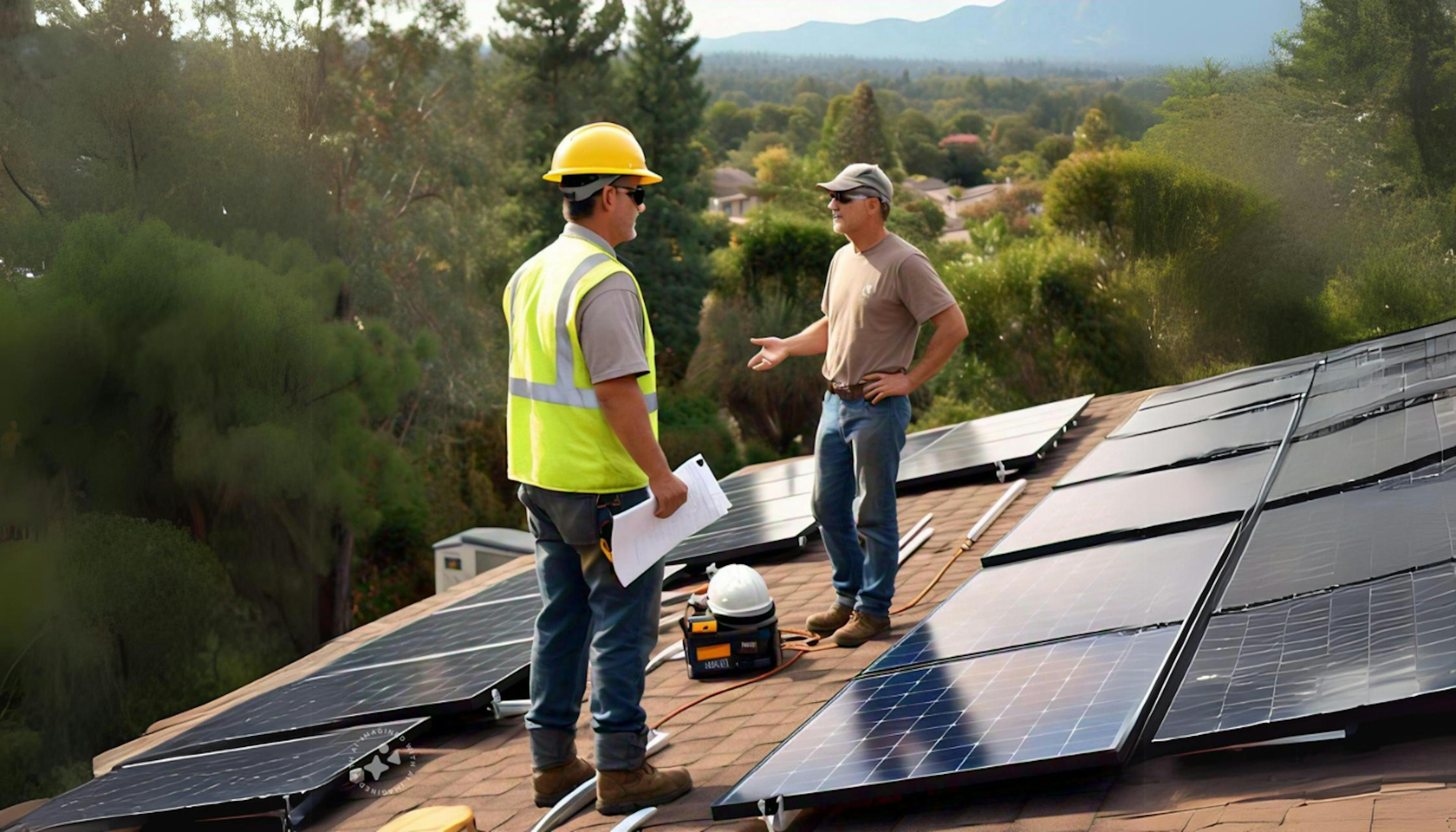 Roof with solar panels and a checklist showing key installation considerations: sunlight exposure, roof condition, space availability, installer certification, and warranty details.