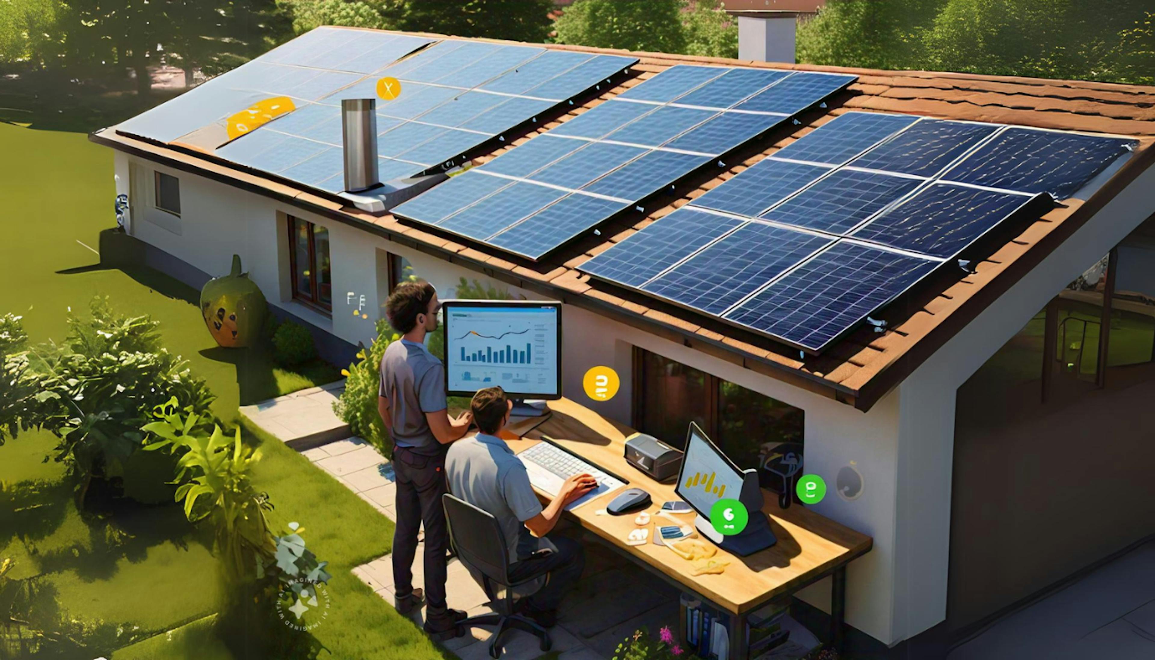 Solar panels on a roof with cost tags, a person checking savings on a computer, and charts showing growth and energy contributions.