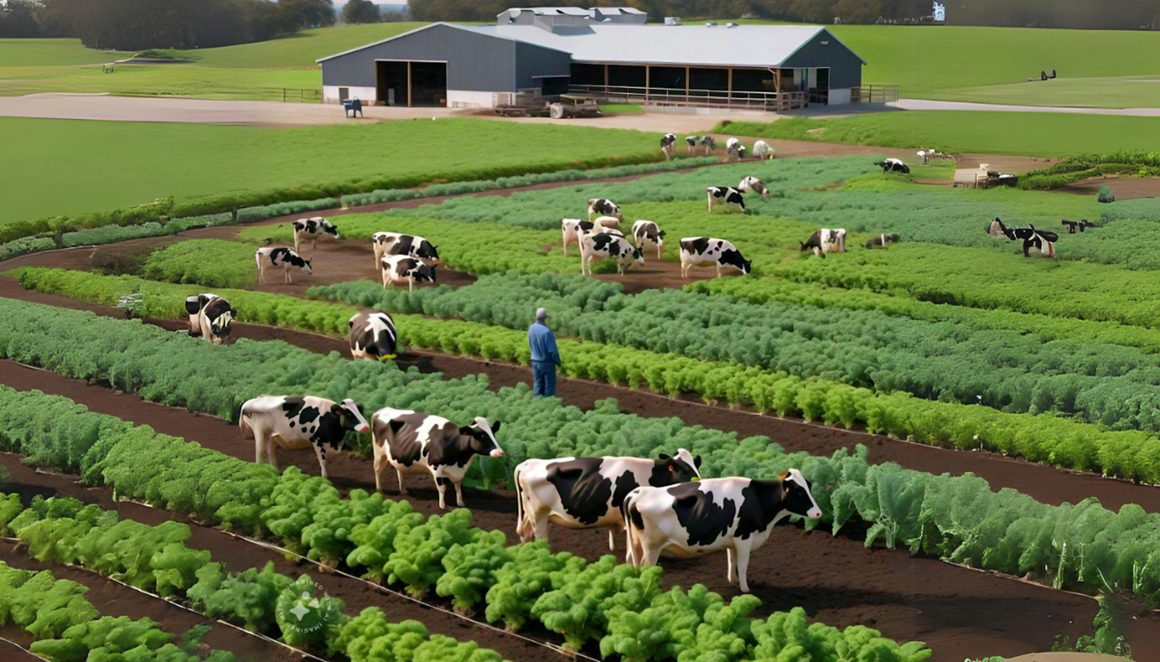 A dairy farm showcasing sustainable practices with efficient water use, optimized animal diets, and a clean environment.