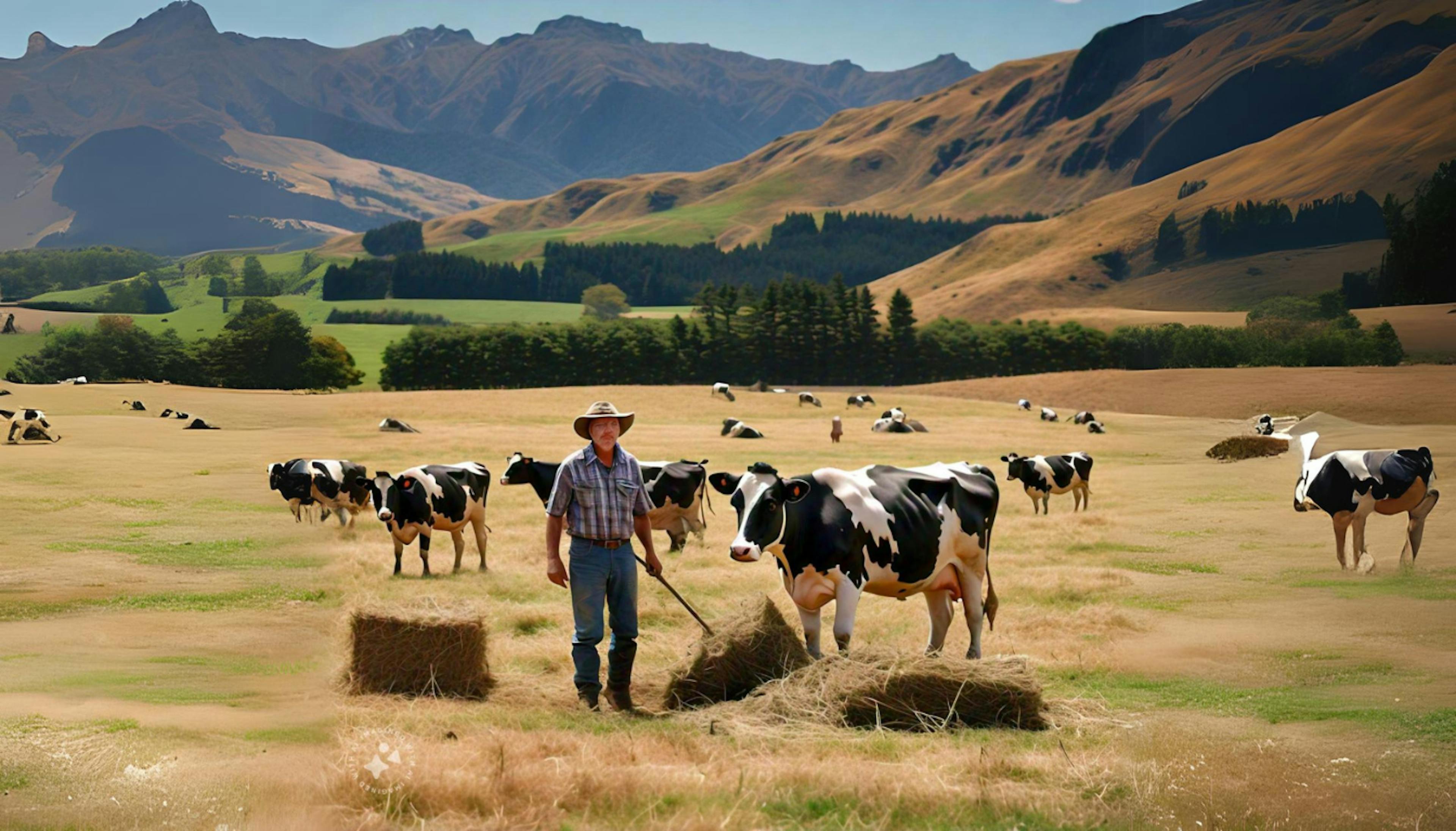 A dairy farm impacted by climate change, showing challenges like heat stress on cows and fluctuating feed, with efforts to adapt through new technology and sustainable practices,