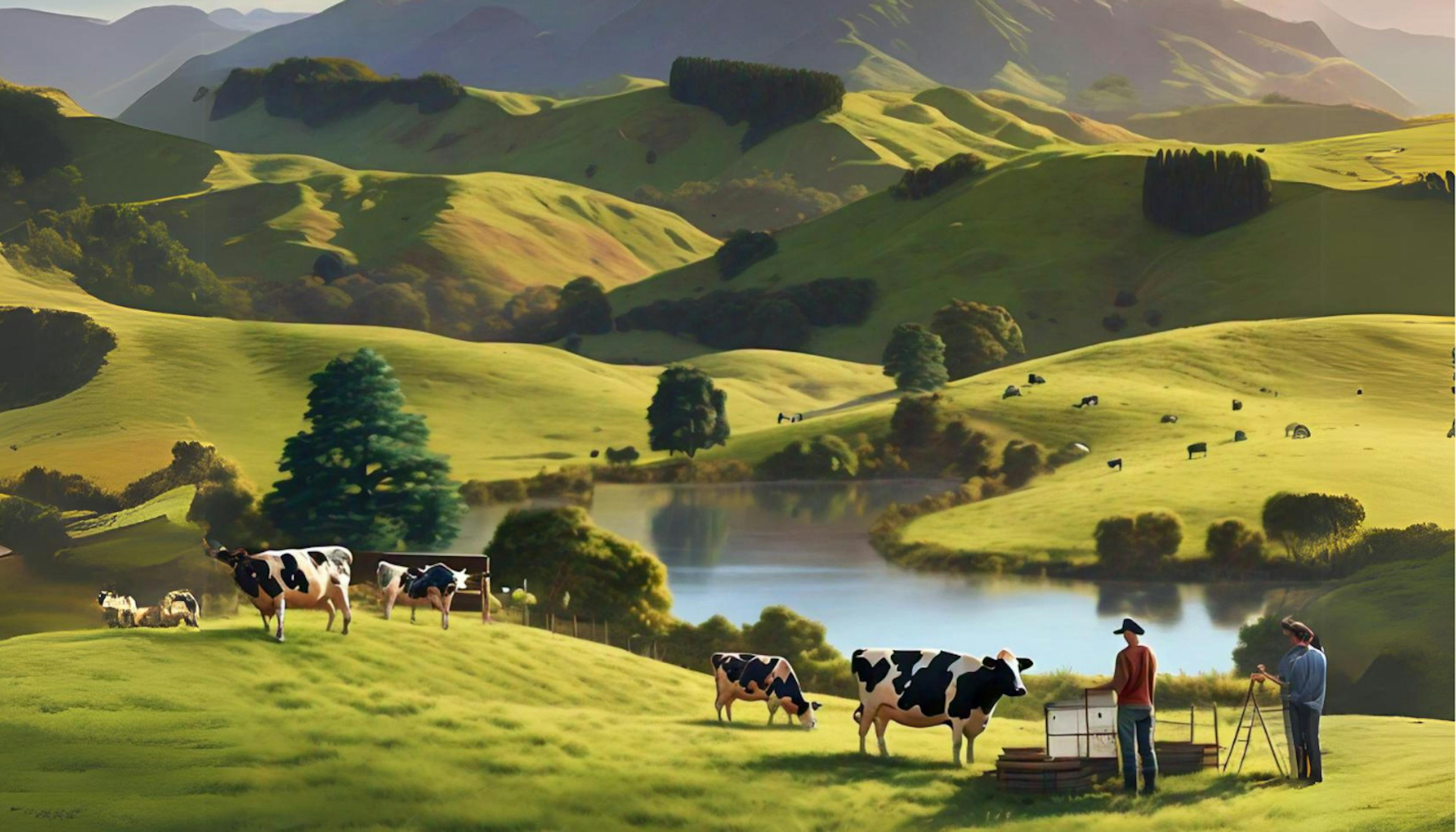 New Zealand dairy farmers using sustainable practices with the Regenerating Together framework, showcasing clean water systems, healthy soil, and low carbon footprint.