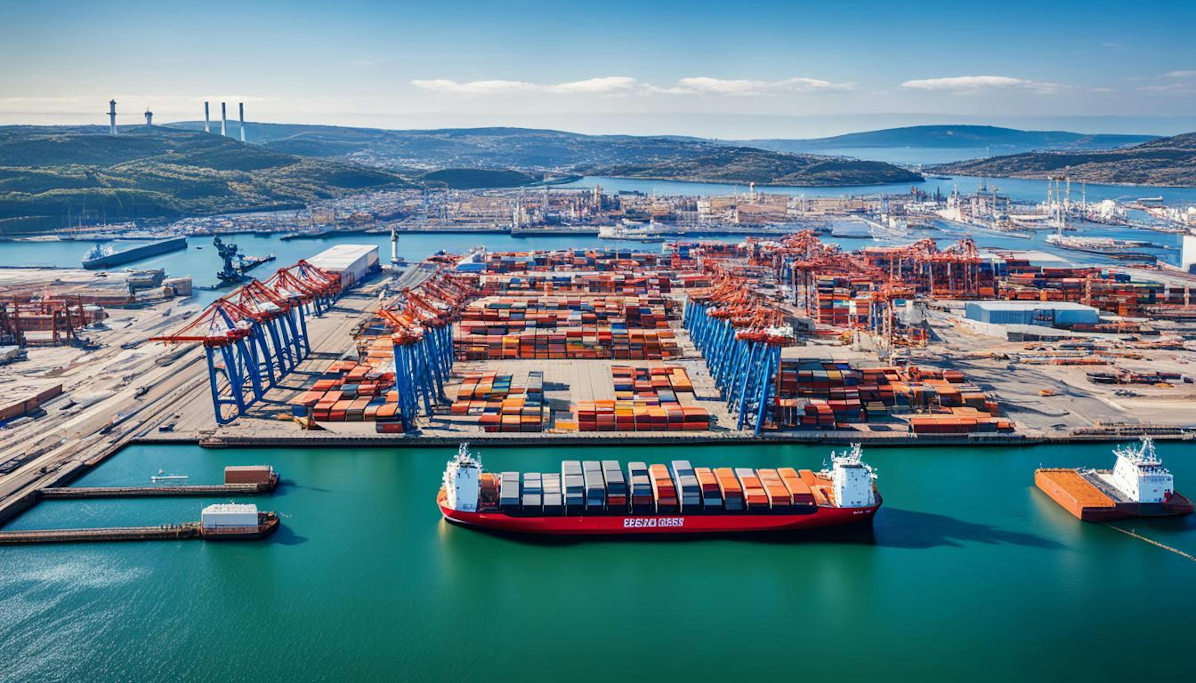 Port scene showing pollution from ships and trucks alongside clean technologies like solar panels, electric cranes, and shore power reducing emissions.