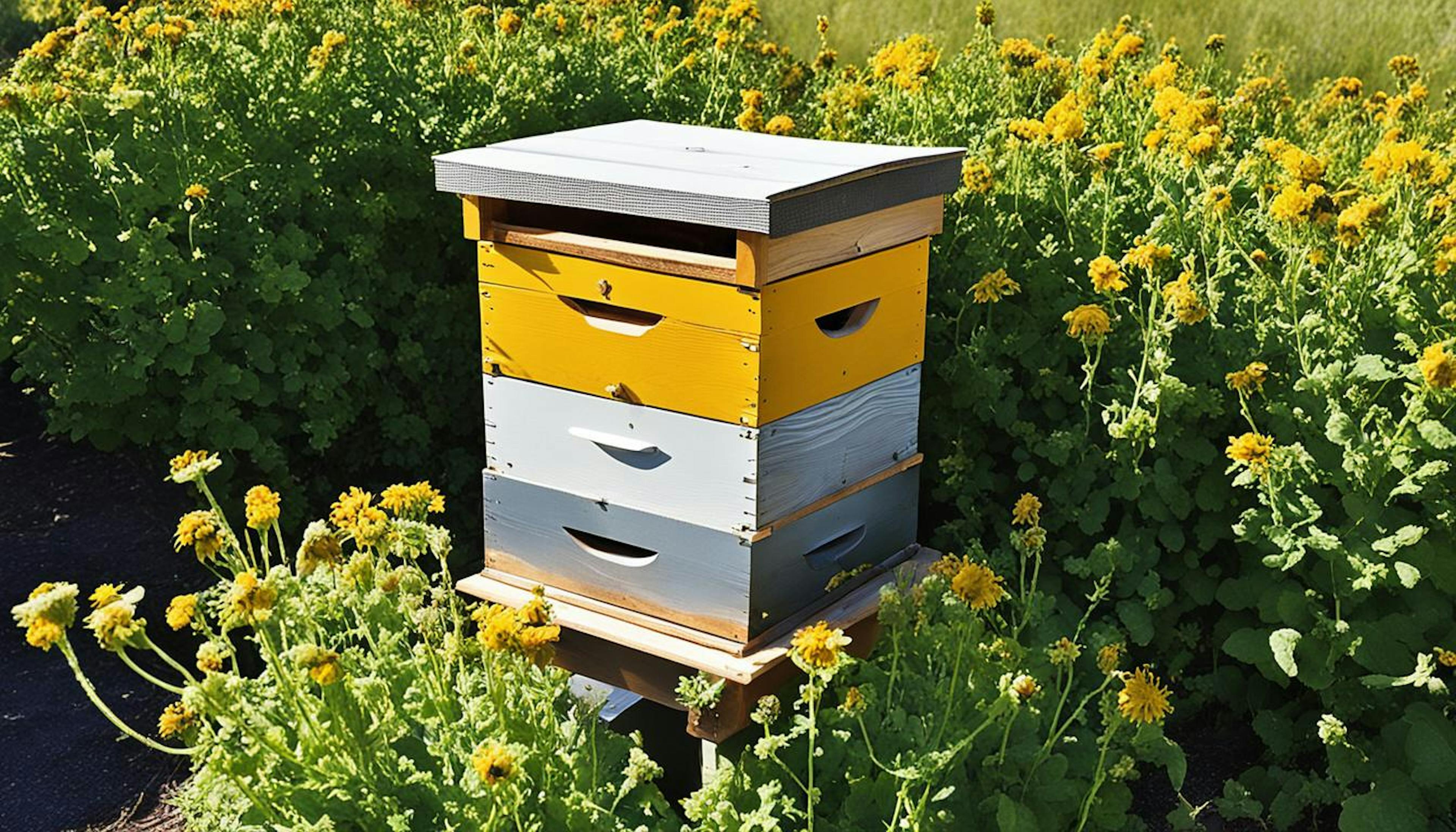 A beehive is placed in an optimal location, with considerations for sunlight, wind protection, proximity to flowers and water sources, and away from pesticides and high-traffic areas.