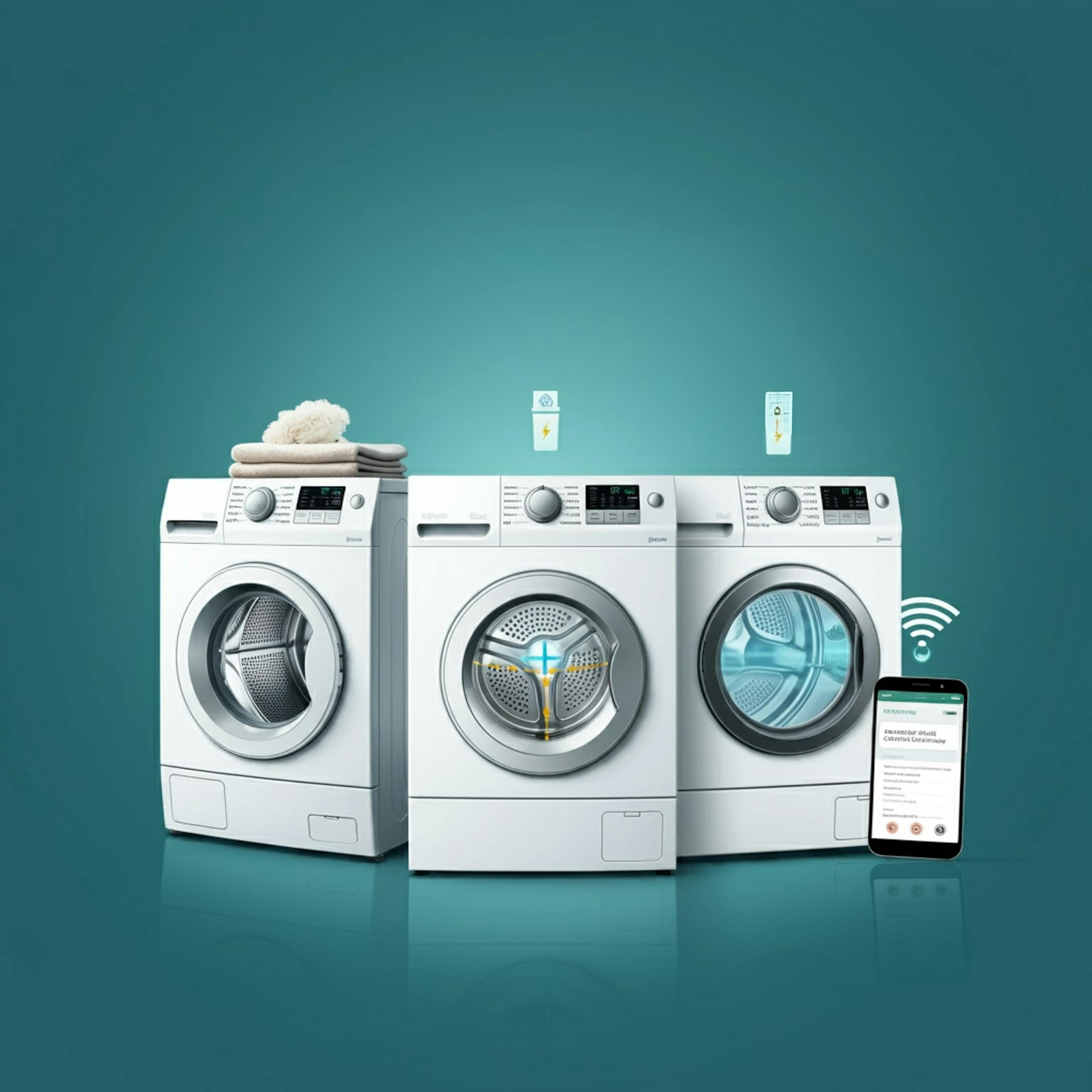 Illustration of advanced clothes dryers with heat pump technology, moisture sensors, and Wi-Fi connectivity, highlighting their energy-efficient features.