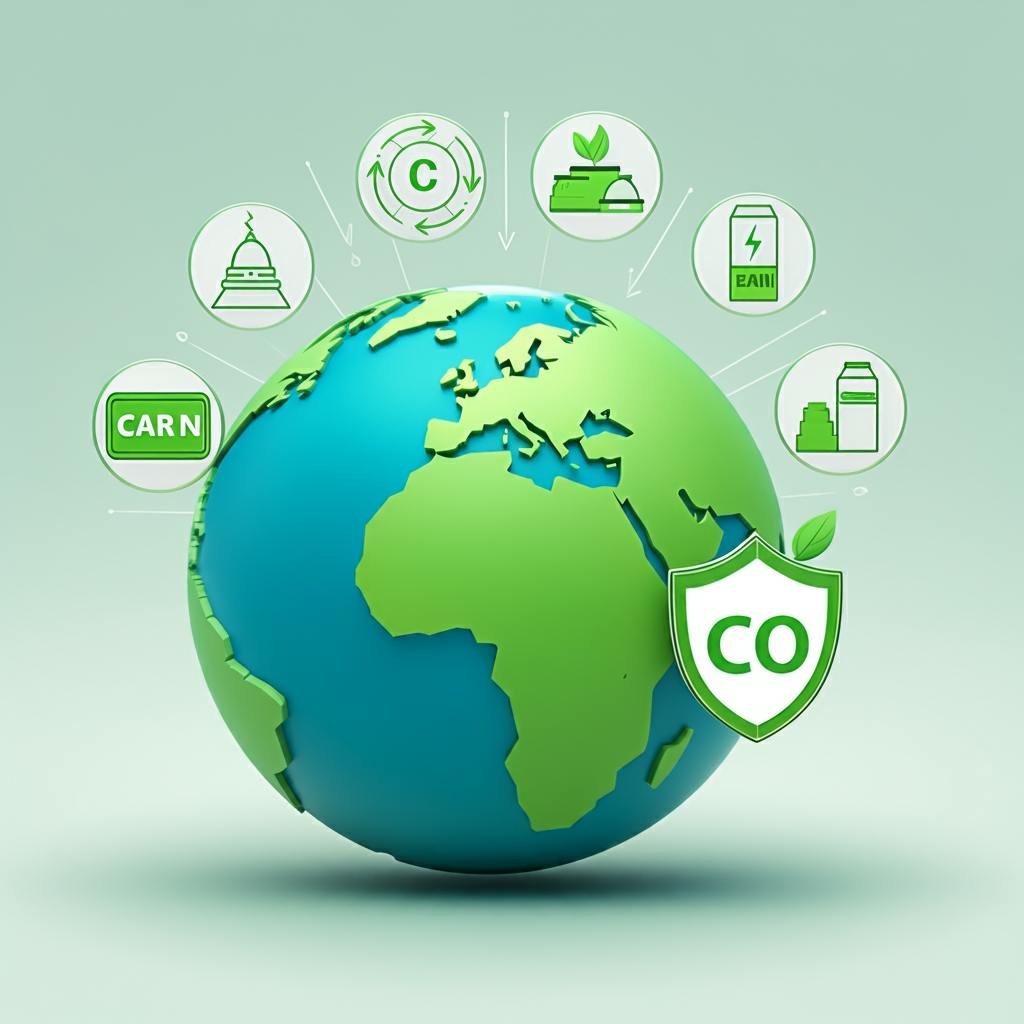 Global map with green outline, high-carbon product icons, and carbon price symbols, illustrating the EU's Carbon Border Adjustment Mechanism (CBAM) in a clean, positive design.