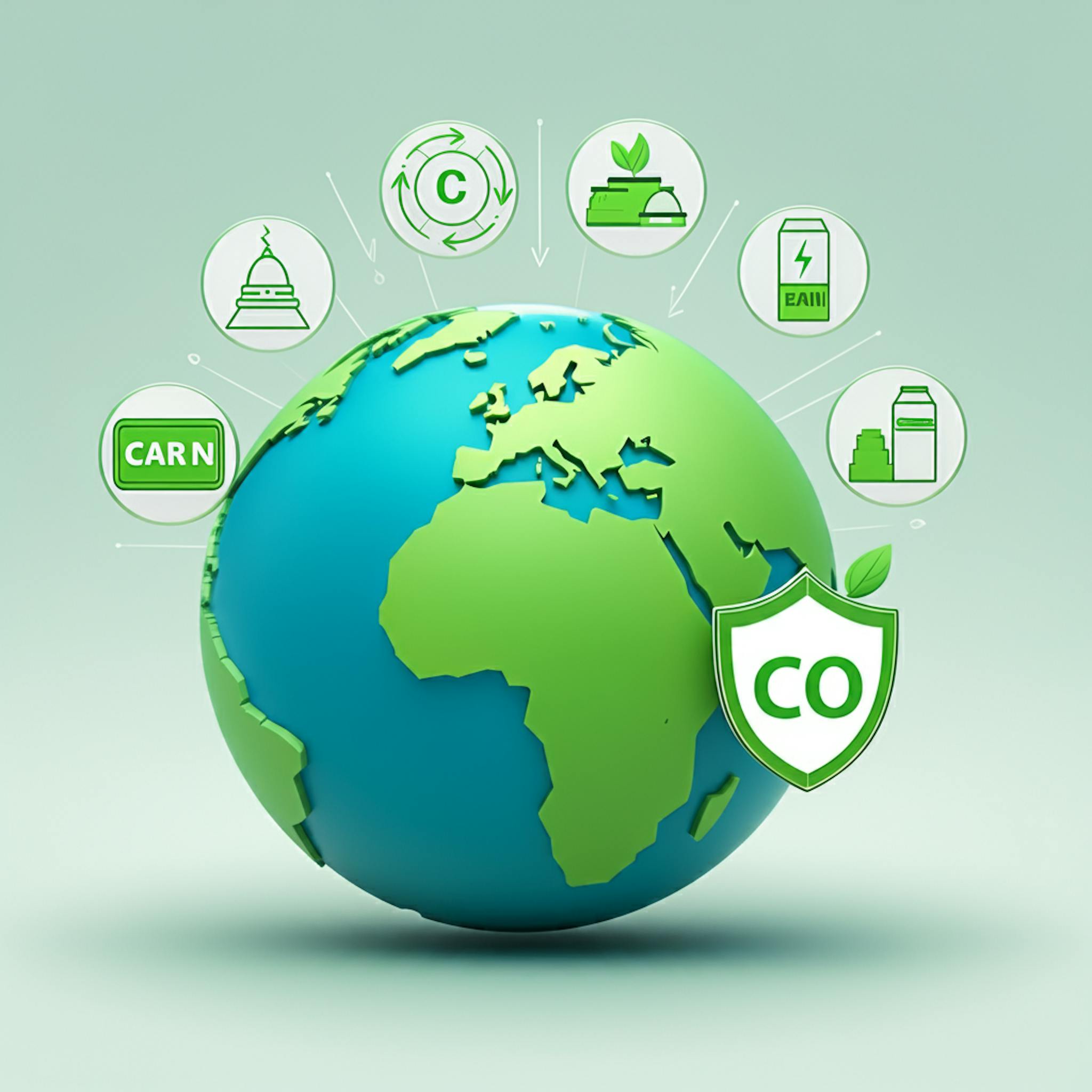 Global map with green outline, high-carbon product icons, and carbon price symbols, illustrating the EU's Carbon Border Adjustment Mechanism (CBAM) in a clean, positive design.