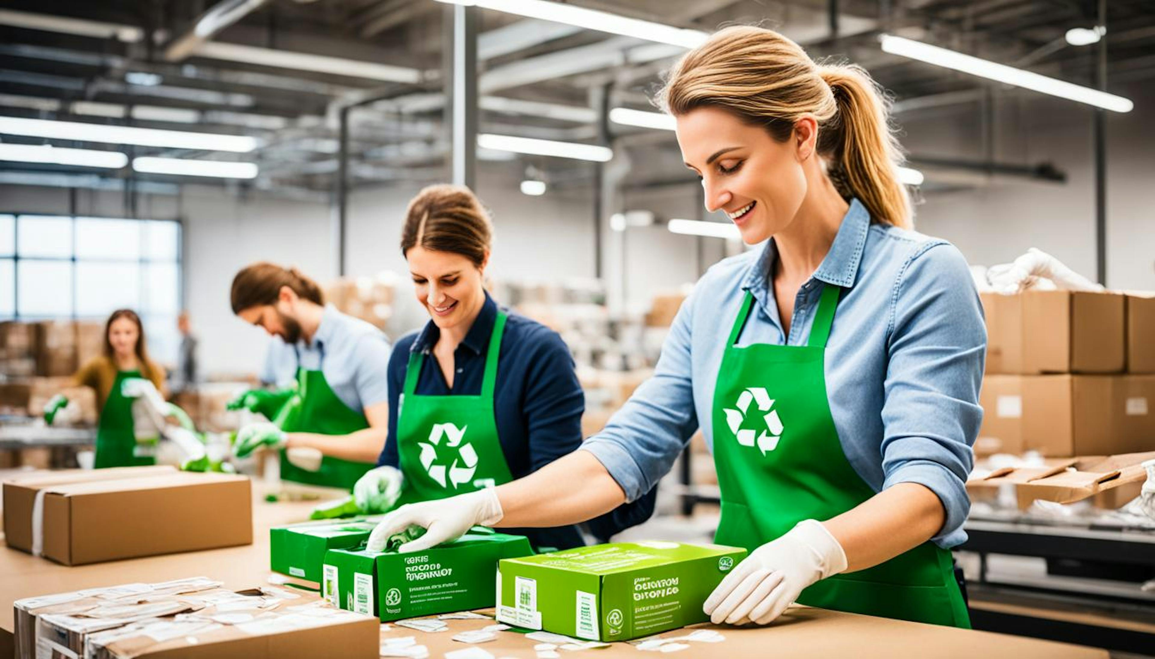 Modern, sustainable packaging production with eco-friendly materials like recycled cardboard and bio-based plastics, and workers engaged in packaging design, recycling, and labeling for sustainability.