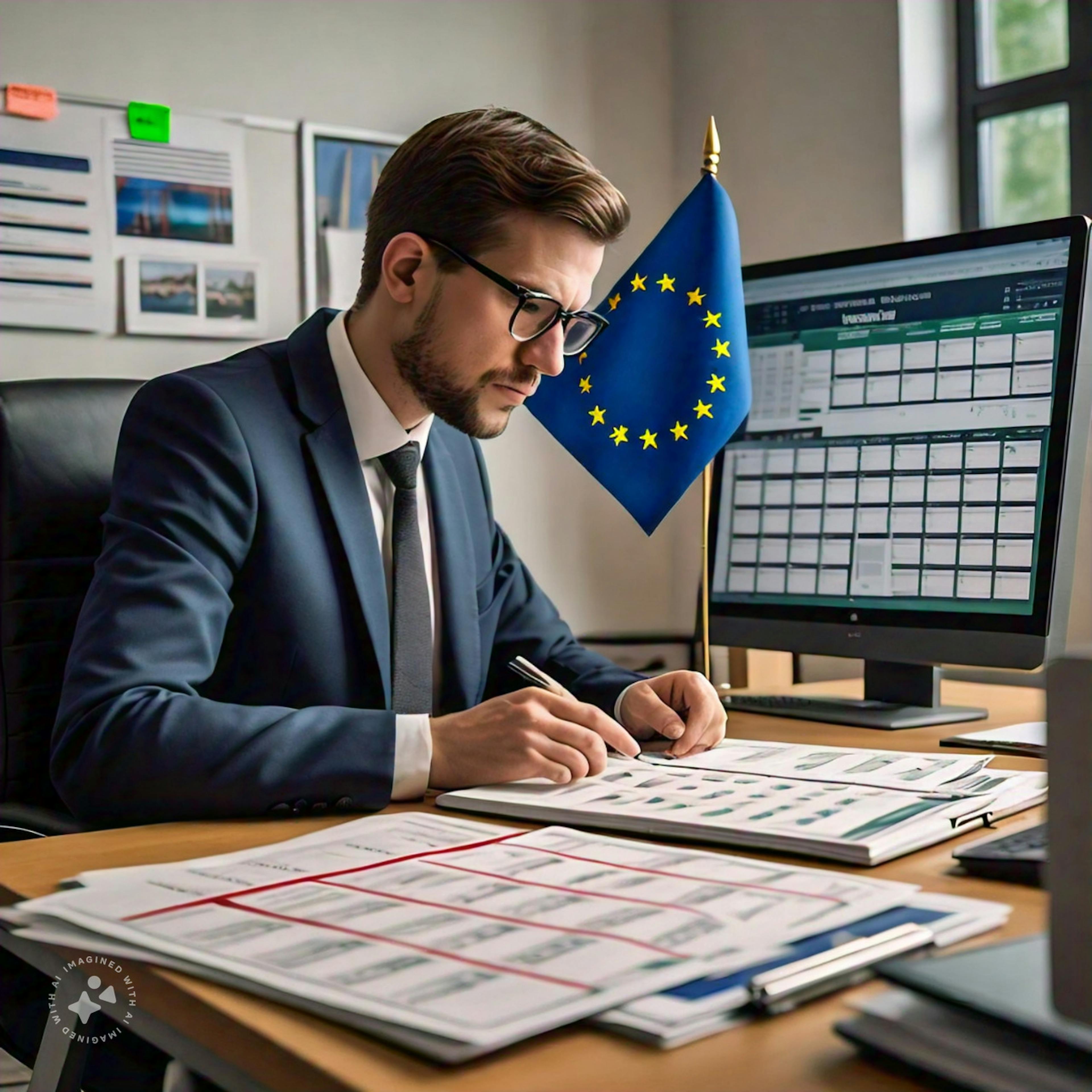 Business professional reviewing a calendar with key EU regulation deadlines for compliance