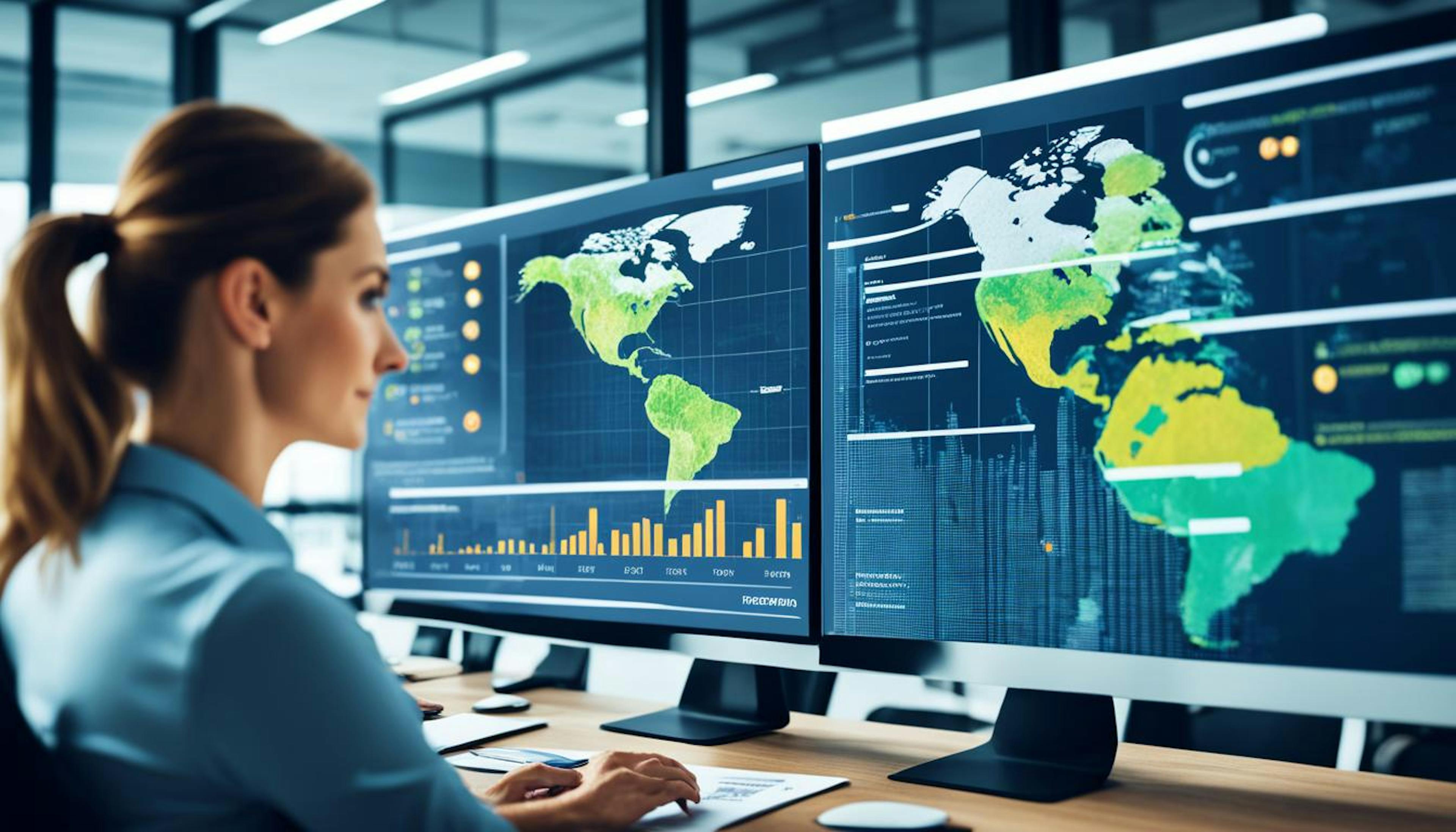 Business professional reviewing documents and trade data on digital screens, highlighting new EU regulations on sustainable imports and deforestation prevention.