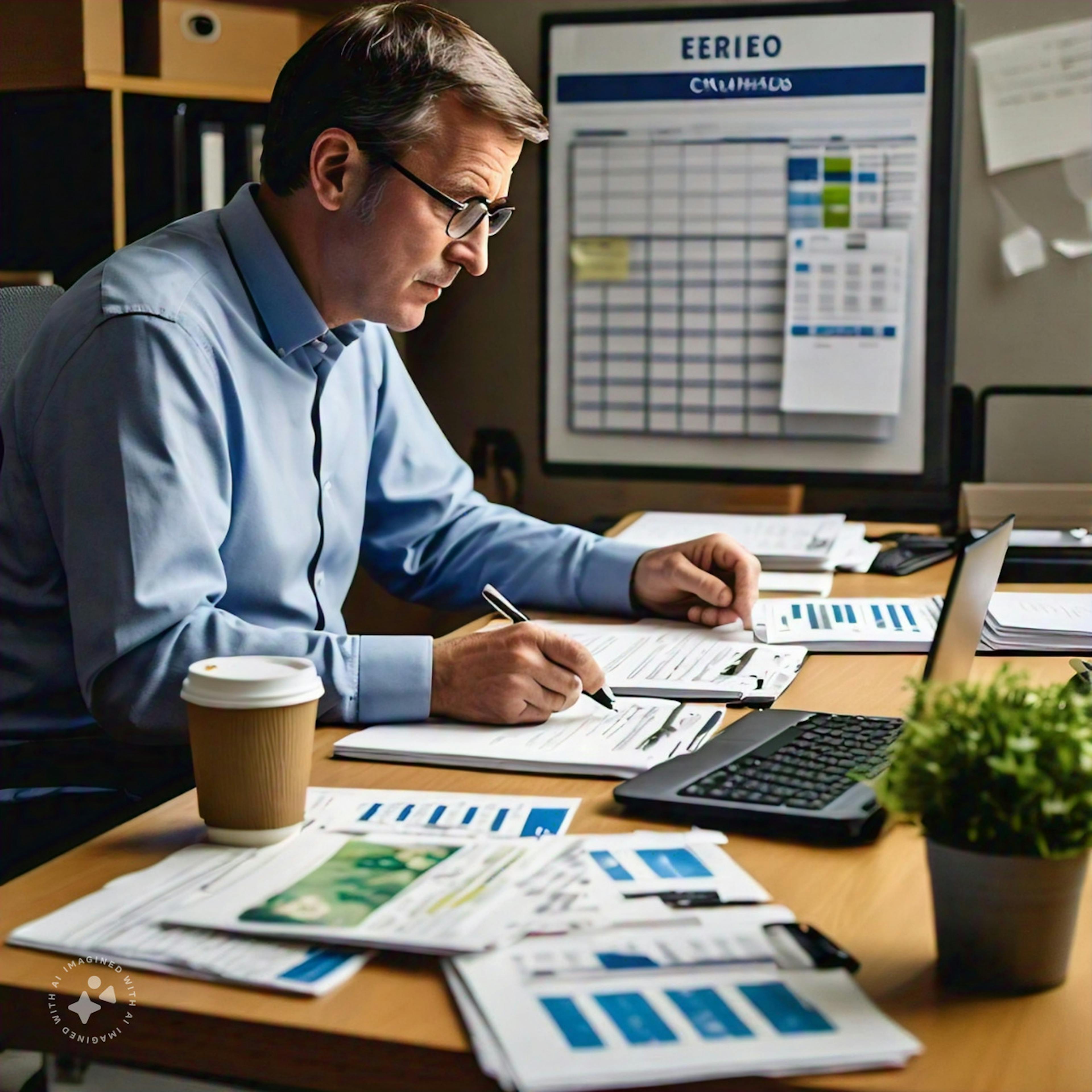 SME manager reviewing environmental regulations at a desk, surrounded by documents, a laptop, and a green plant, illustrating the challenges of compliance.