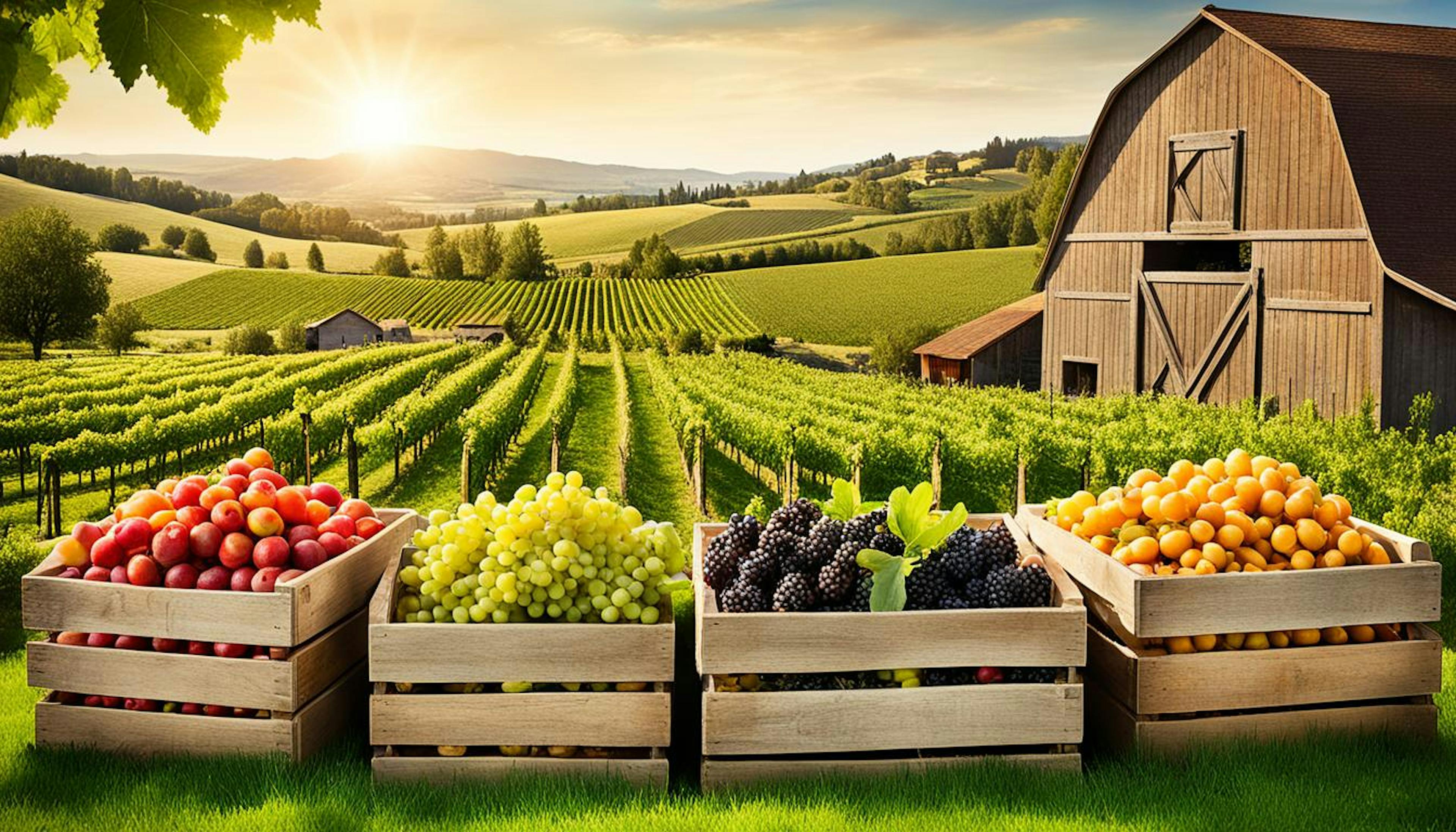 agricultural landscape featuring diverse, healthy crops like vineyards, orchards, vegetable patches, and olive groves, with crates of produce in the foreground and a secure barn symbolizing financial stability and market resilience