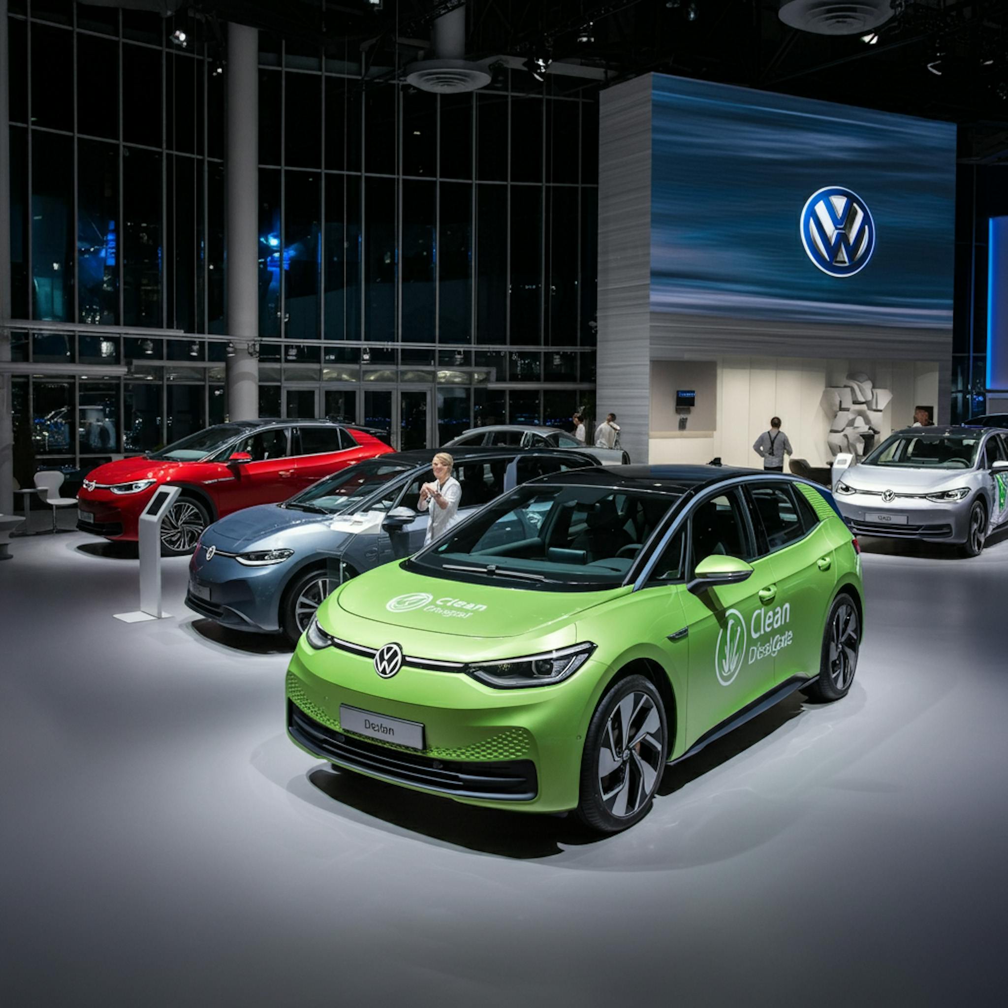 the impact of the Volkswagen 'Dieselgate' scandal on the automotive industry, featuring electric vehicles (EVs) in a showroom, symbolizing the shift from diesel engines.