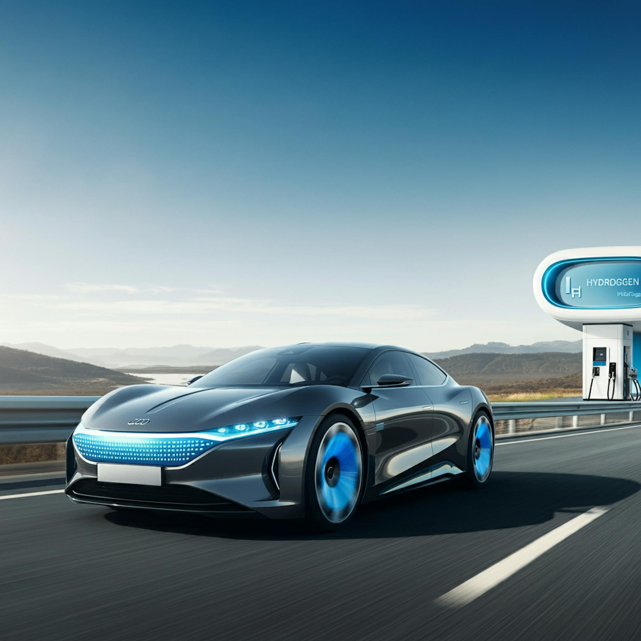 Modern hydrogen-powered car driving on a scenic road with a hydrogen refuelling station in the background, representing sustainable automotive innovation.