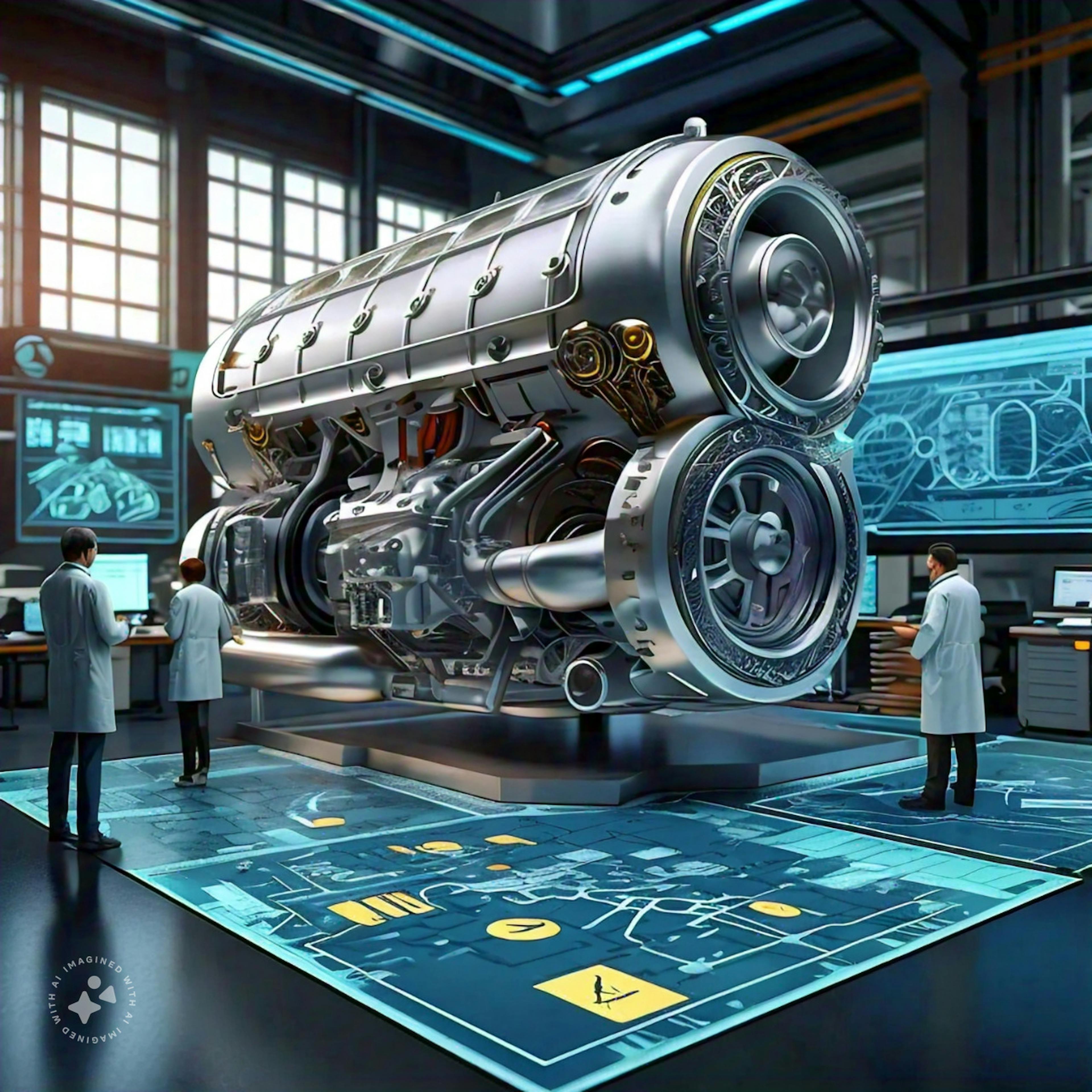 Futuristic hydrogen engine in a lab setting, highlighting technological challenges and advancements in material and manufacturing with a focus on innovation and collaboration.