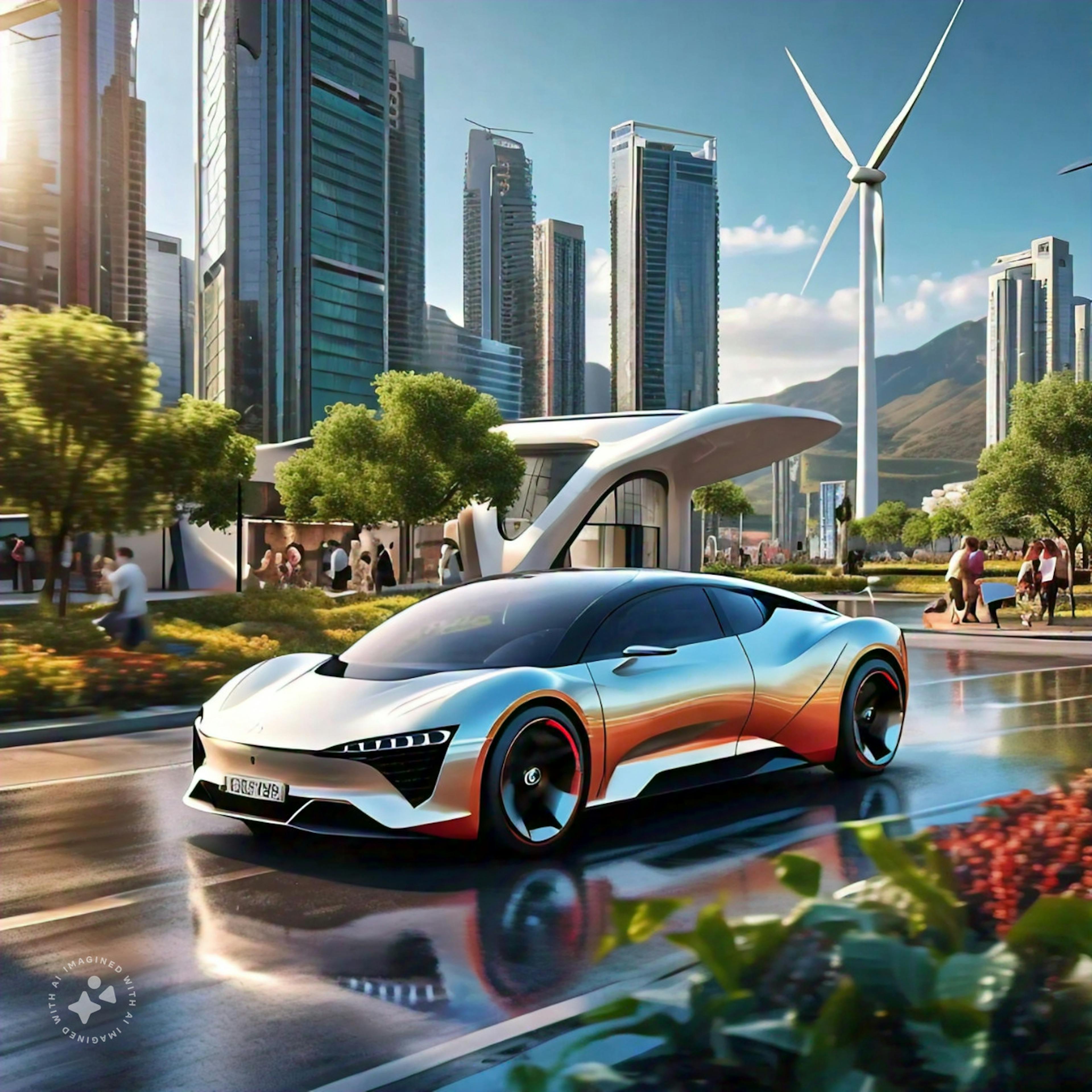 Hydrogen-powered vehicle in a clean, vibrant cityscape, showcasing the environmental benefits of reduced emissions and enhanced air quality.