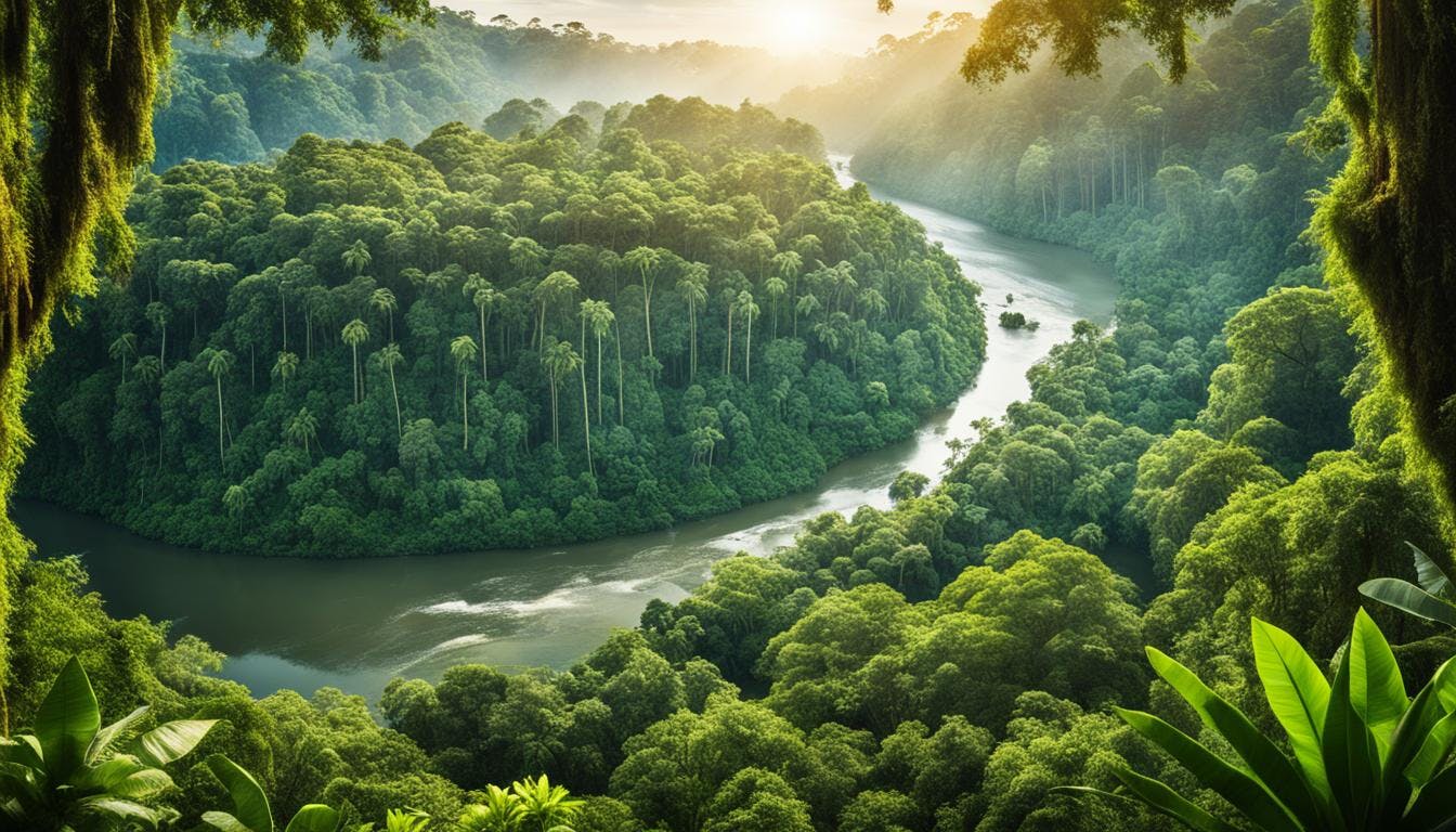 A vibrant and thriving Amazon Rainforest teeming with diverse wildlife and lush greenery, highlighting its crucial role in Earth's ecosystem.