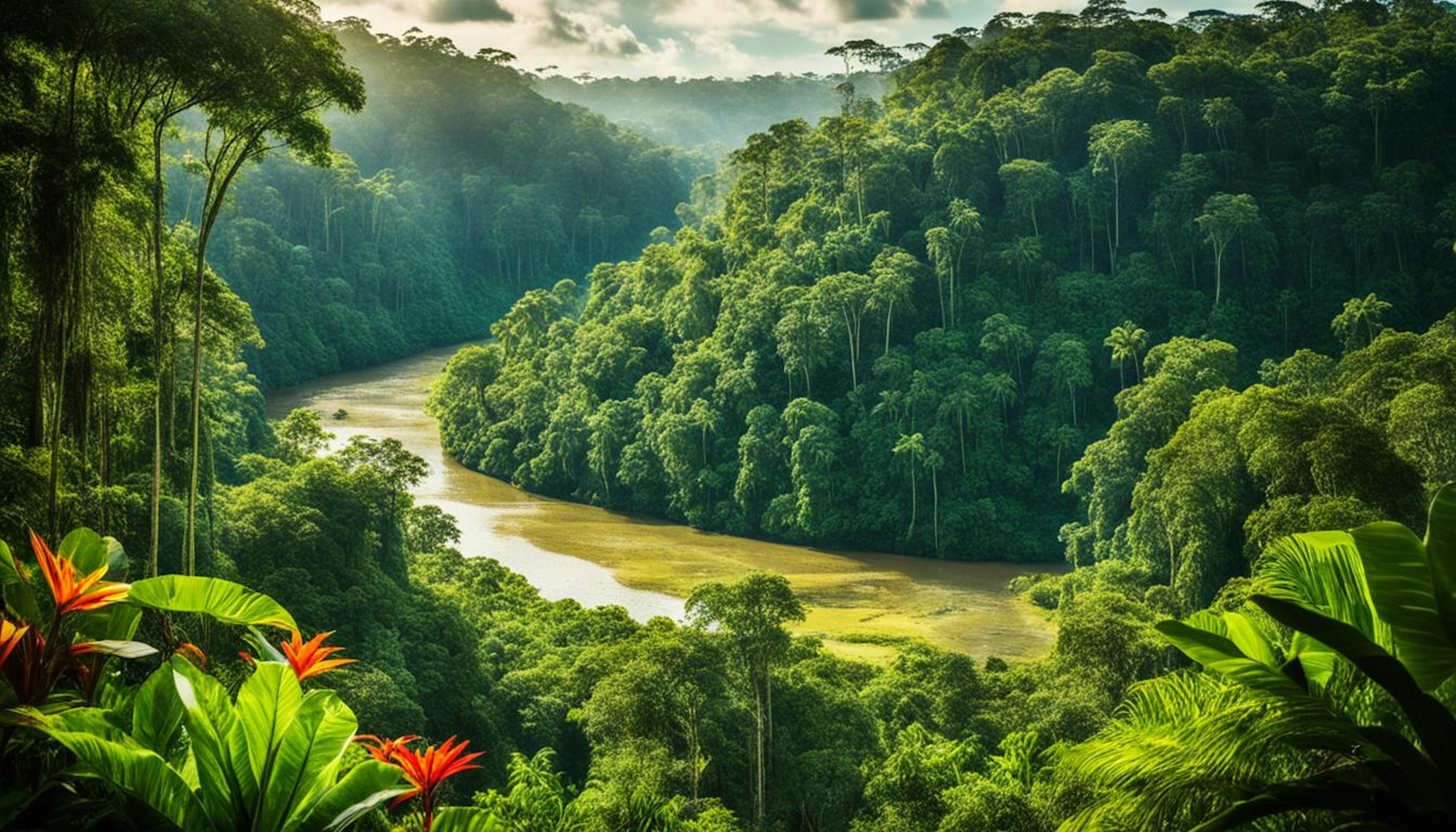 Amazon Rainforest with lush greenery, indigenous people engaging in sustainable activities, and a winding river reflecting sunlight