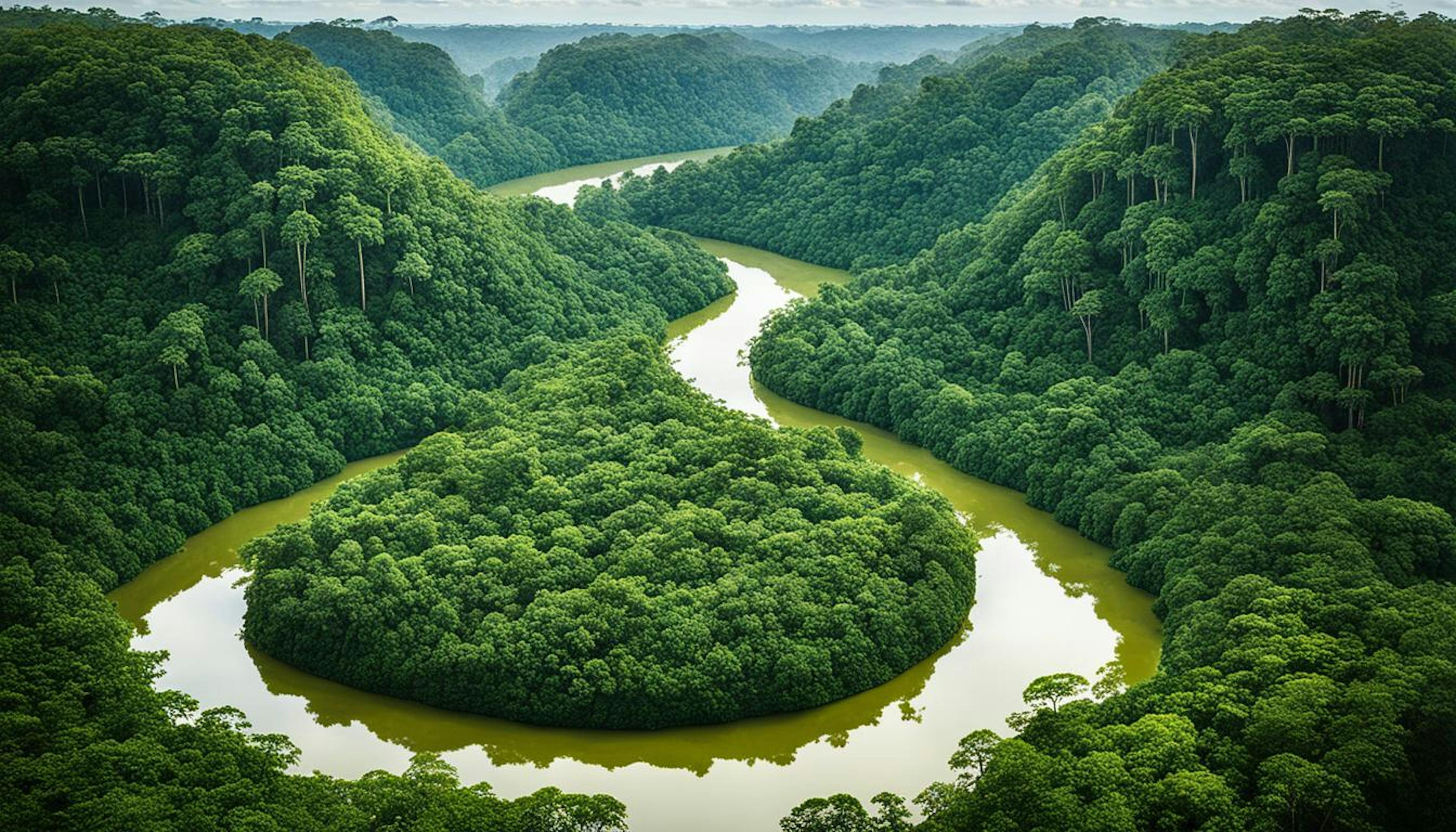 Amazon rainforest highlighting lush greenery, a clear river, and sustainable land use practices with a focus on conservation efforts