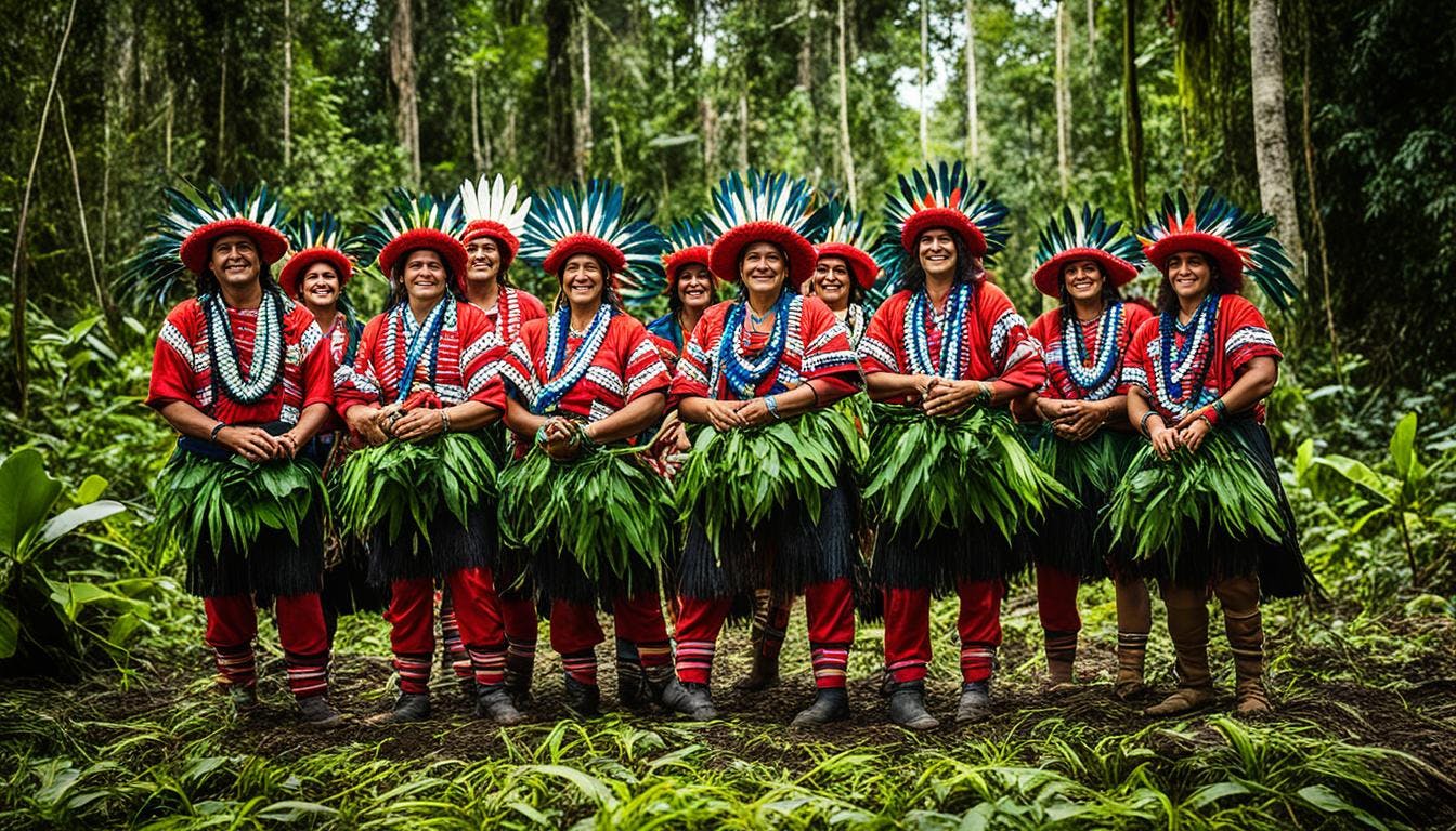 Amazon rainforest with Indigenous people engaged in traditional activities, highlighting cultural connection and positive conservation efforts