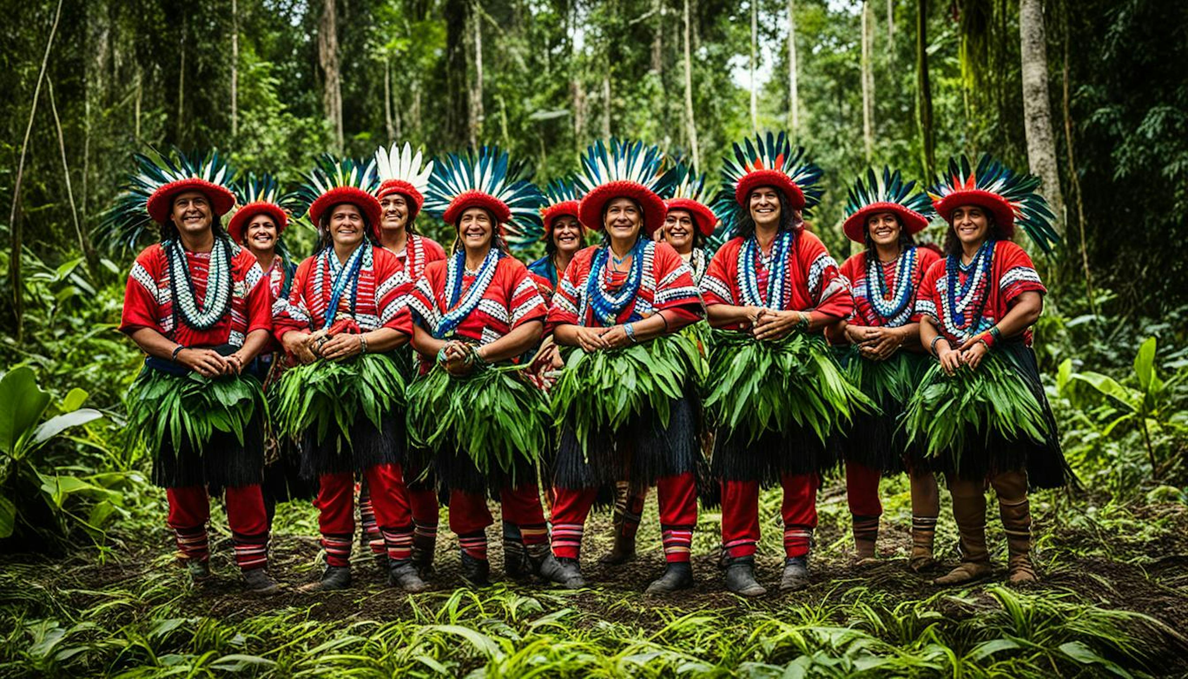 Amazon rainforest with Indigenous people engaged in traditional activities, highlighting cultural connection and positive conservation efforts