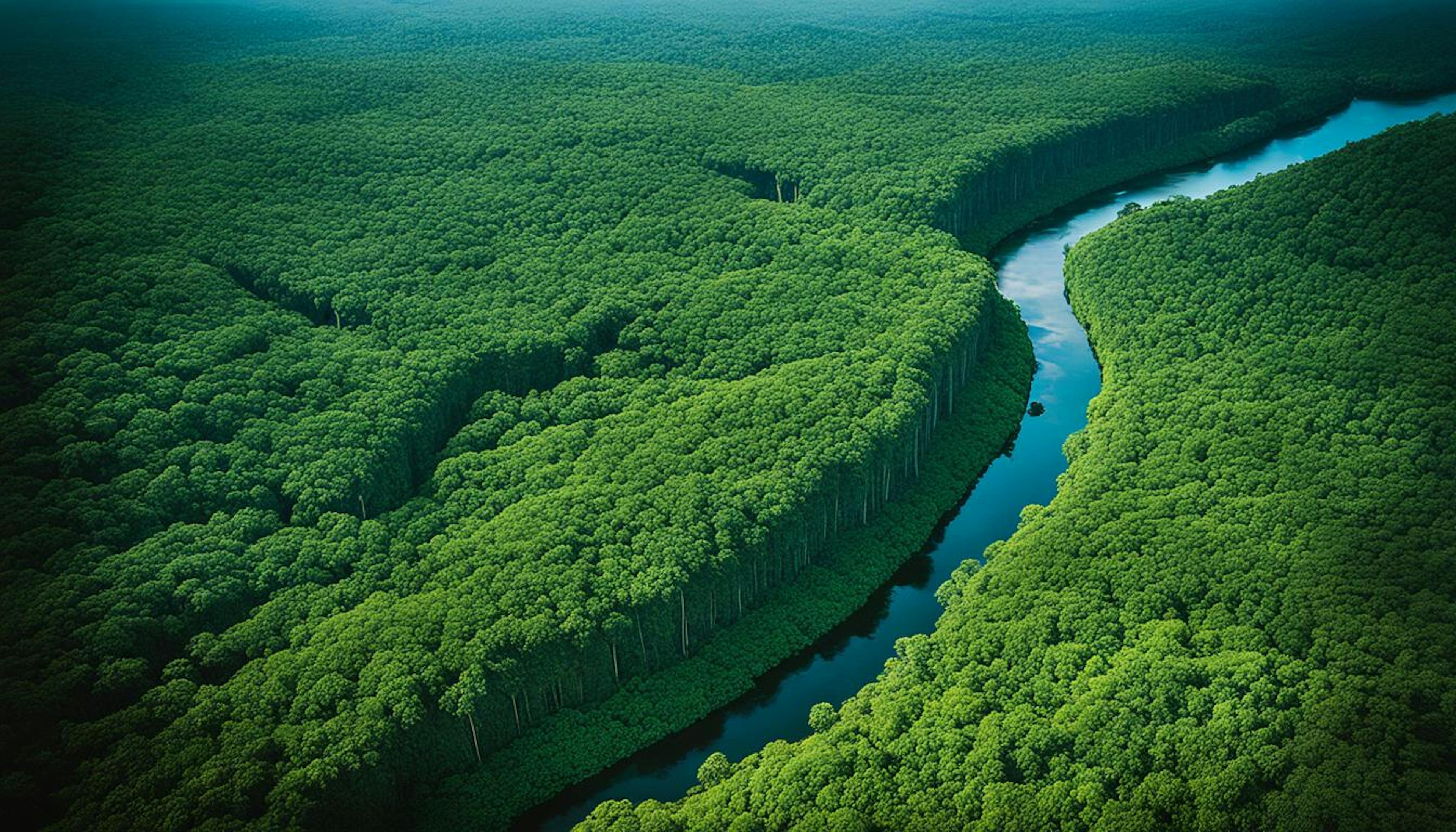 Amazon rainforest with lush vegetation, symbols of biodiversity, climate action, and soil health, showcasing positive conservation efforts