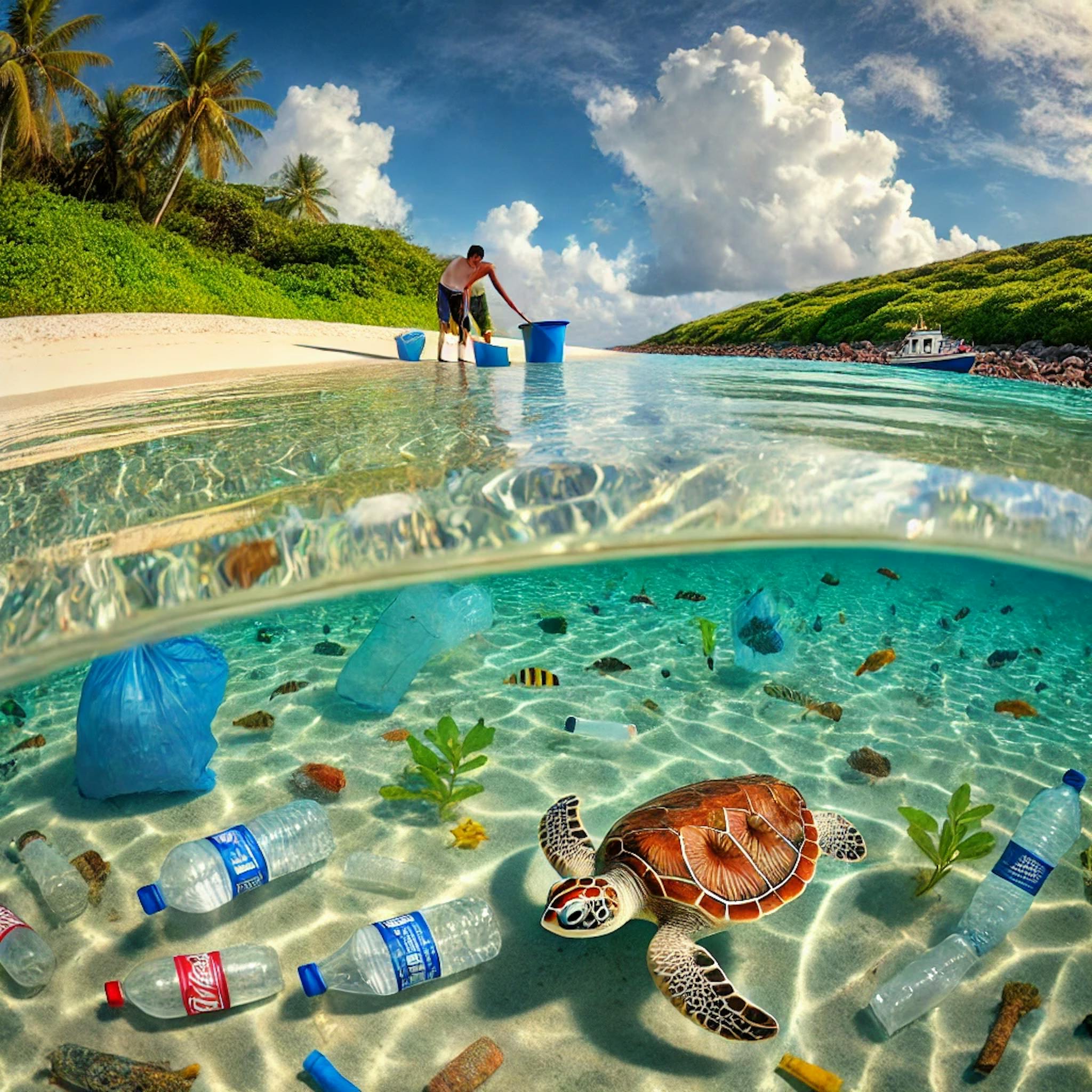 A calm beach with plastic waste scattered along the shore, while volunteers collect debris, and marine life like fish and turtles swim nearby, showing the contrast between pollution and nature