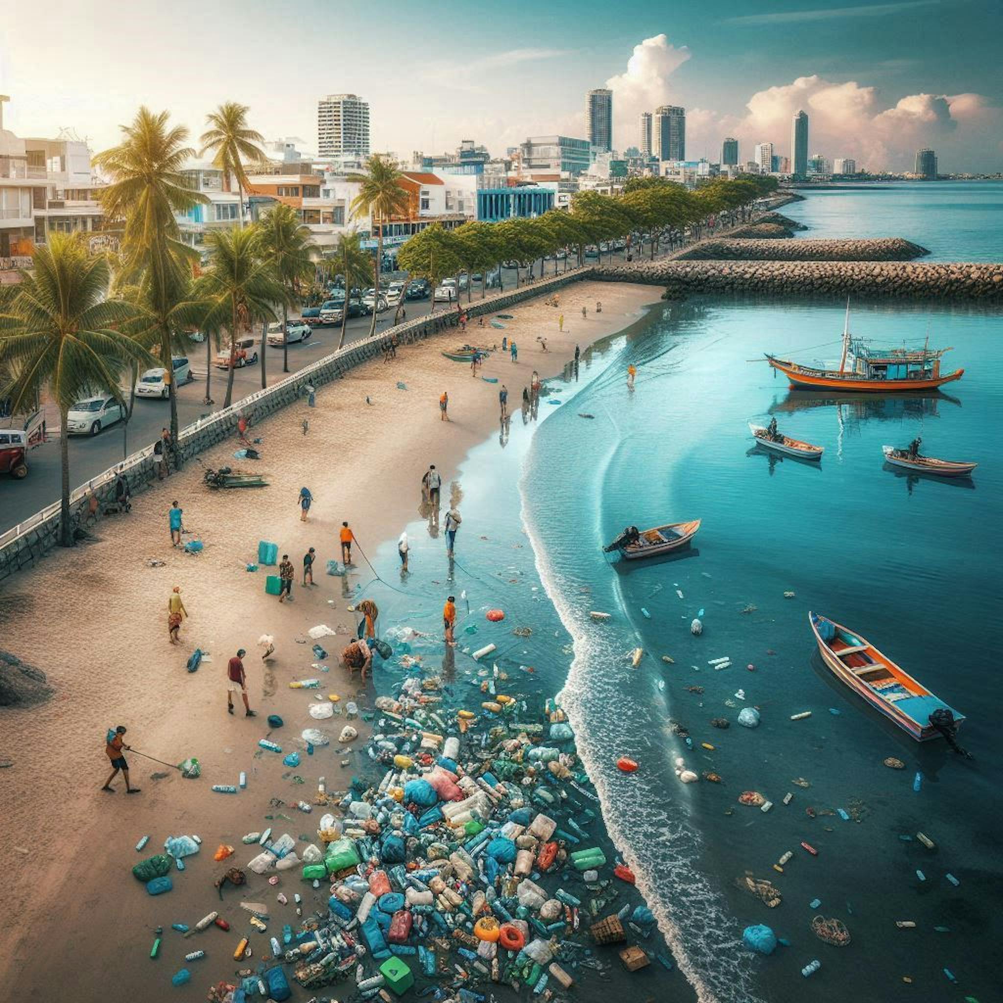 Coastal city with plastic pollution along waterways, where volunteers clean up, highlighting social, economic, and environmental challenges.