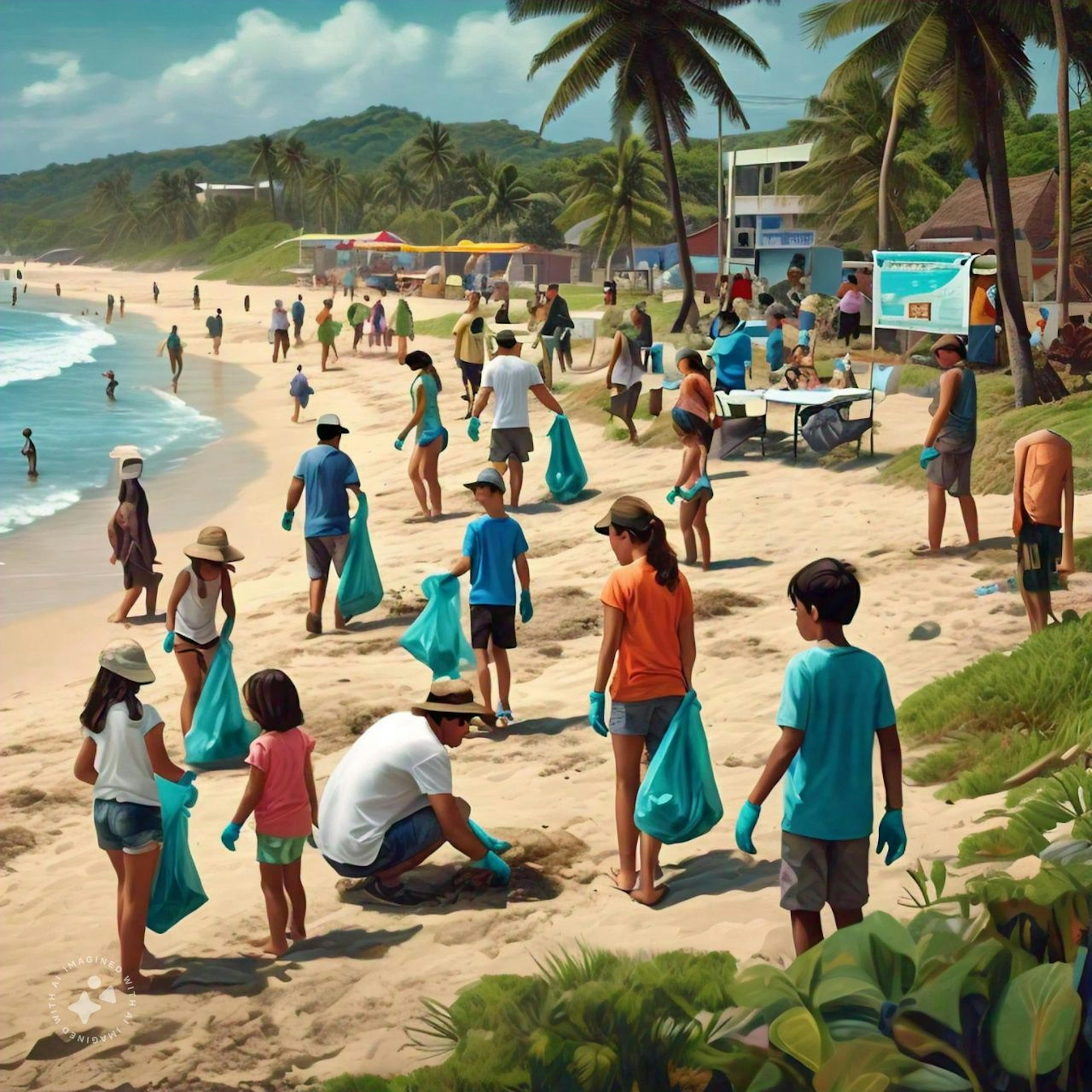 A realistic scene of a diverse community cleaning a beach, recycling, educating children about sustainability, and advocating for plastic reduction policies with eco-friendly businesses in the background.