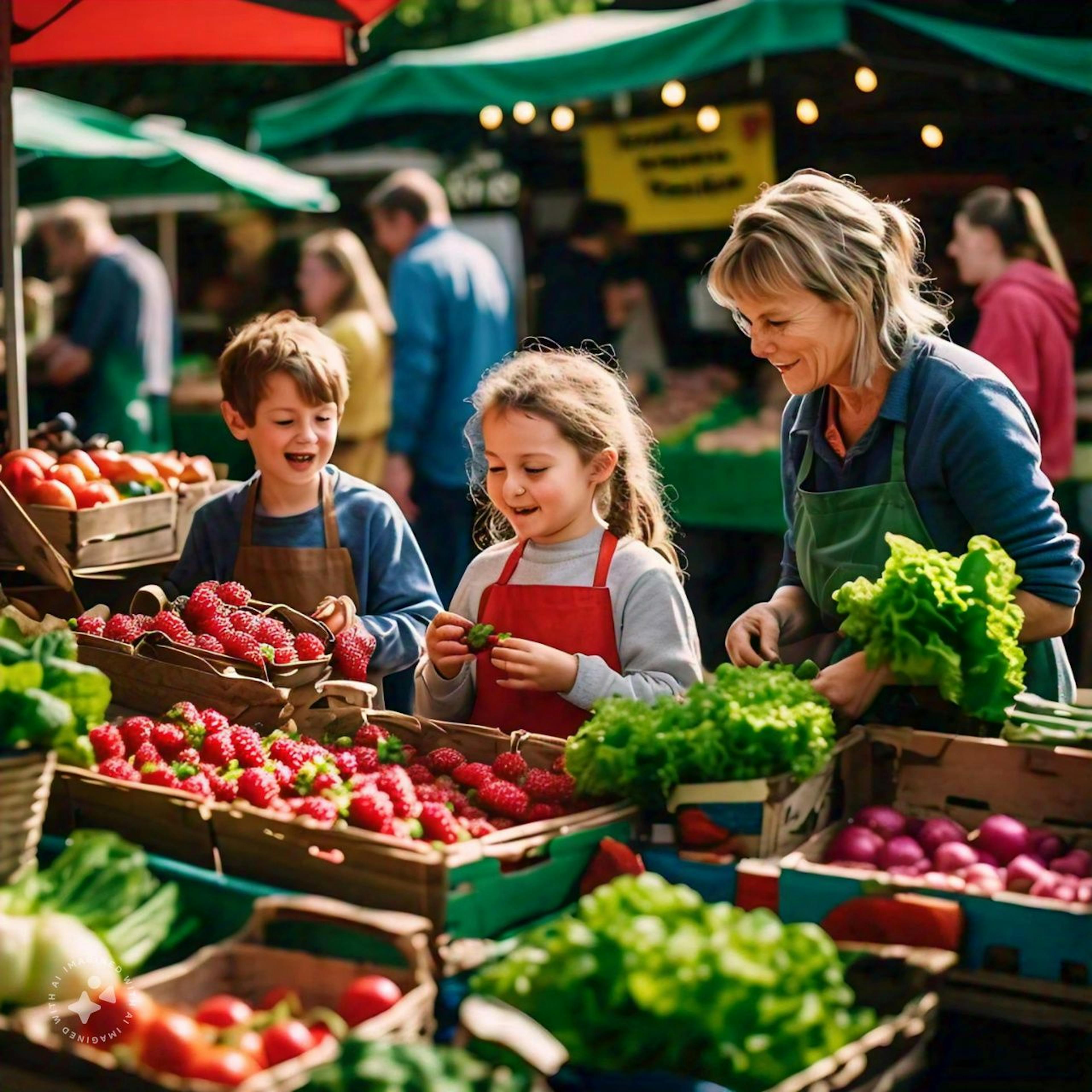 A lively farmers' market in the UK, showcasing diverse families shopping for fresh, local produce, emphasizing the importance of healthy food choices and community engagement in addressing hidden costs.