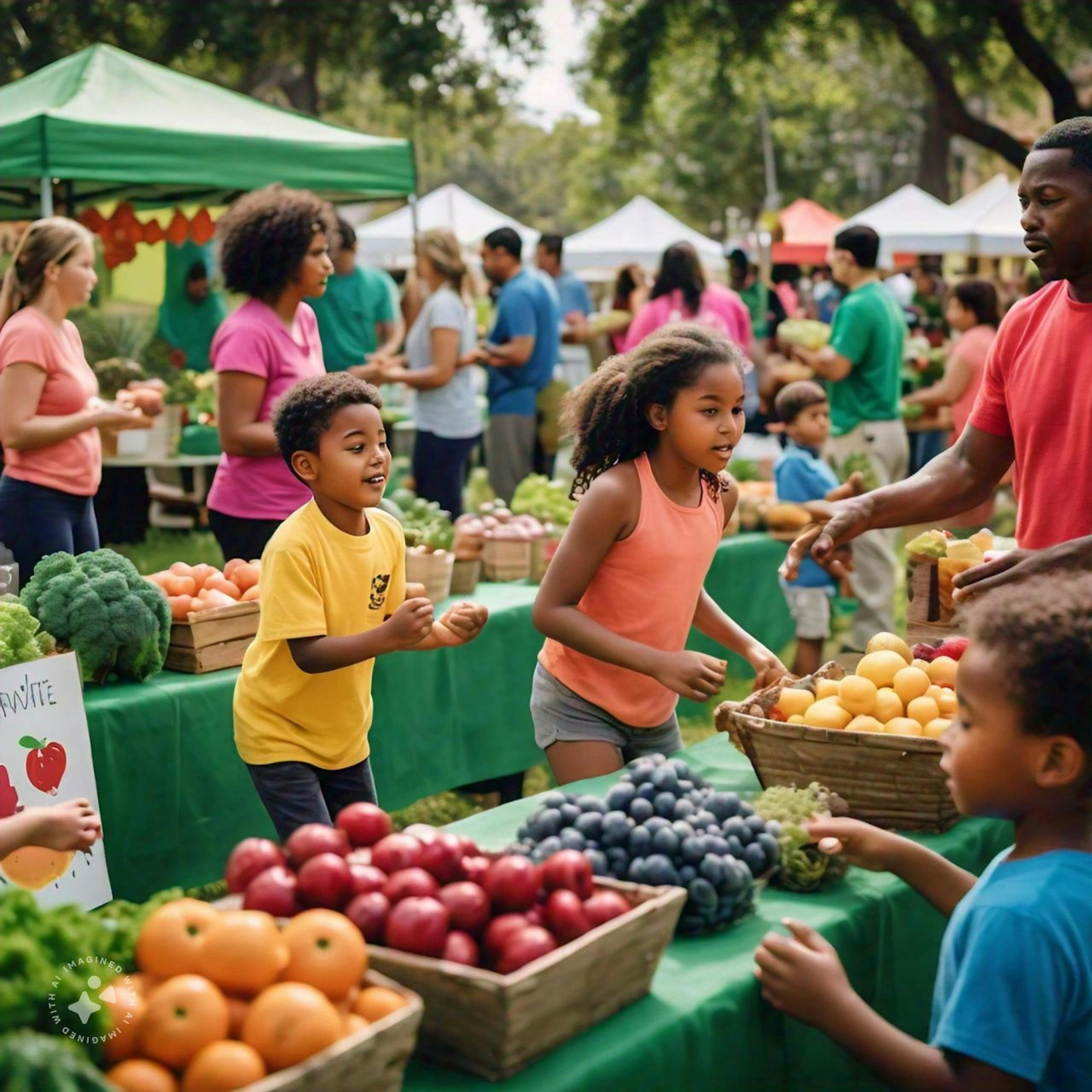 A lively community health fair promoting healthy eating and active lifestyles, with diverse families engaging in activities, emphasizing the importance of dietary choices for individual and community well-being