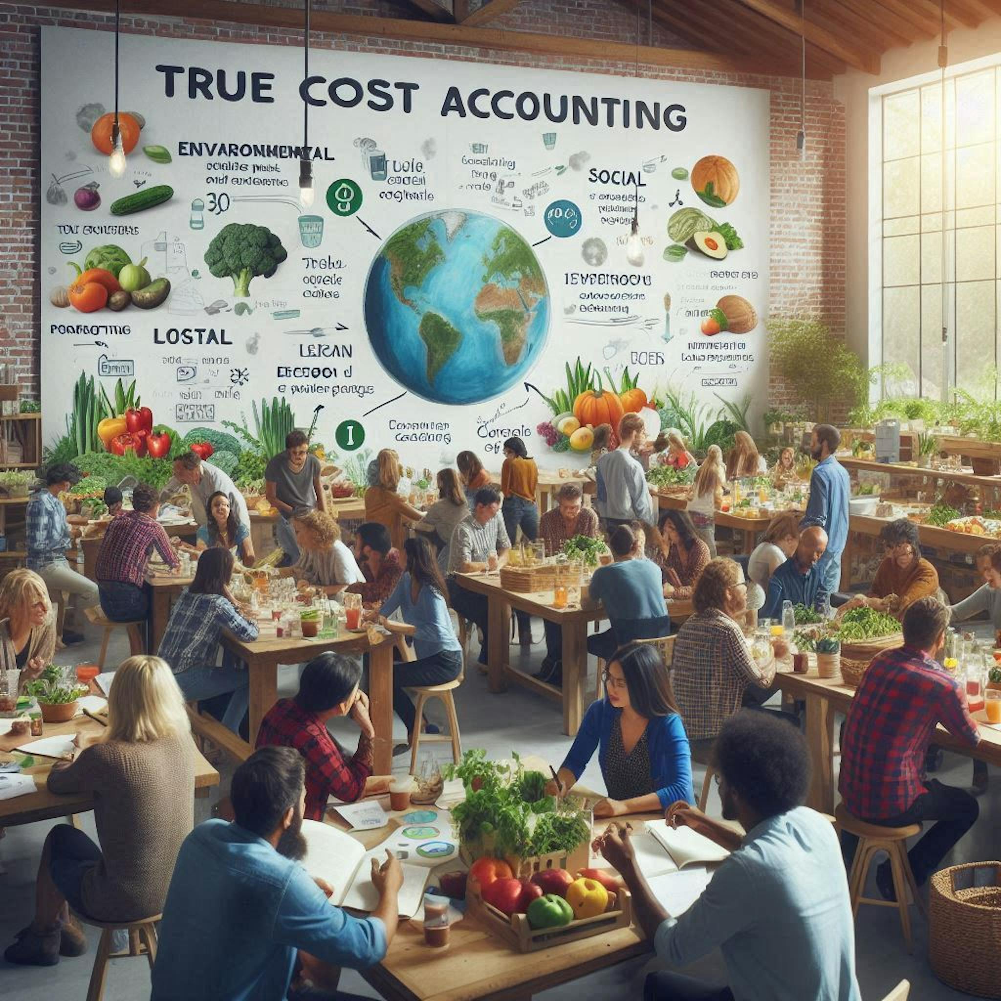 A community workshop on sustainable food practices, featuring diverse participants discussing True Cost Accounting and promoting local sourcing and healthier diets for a more sustainable food system.