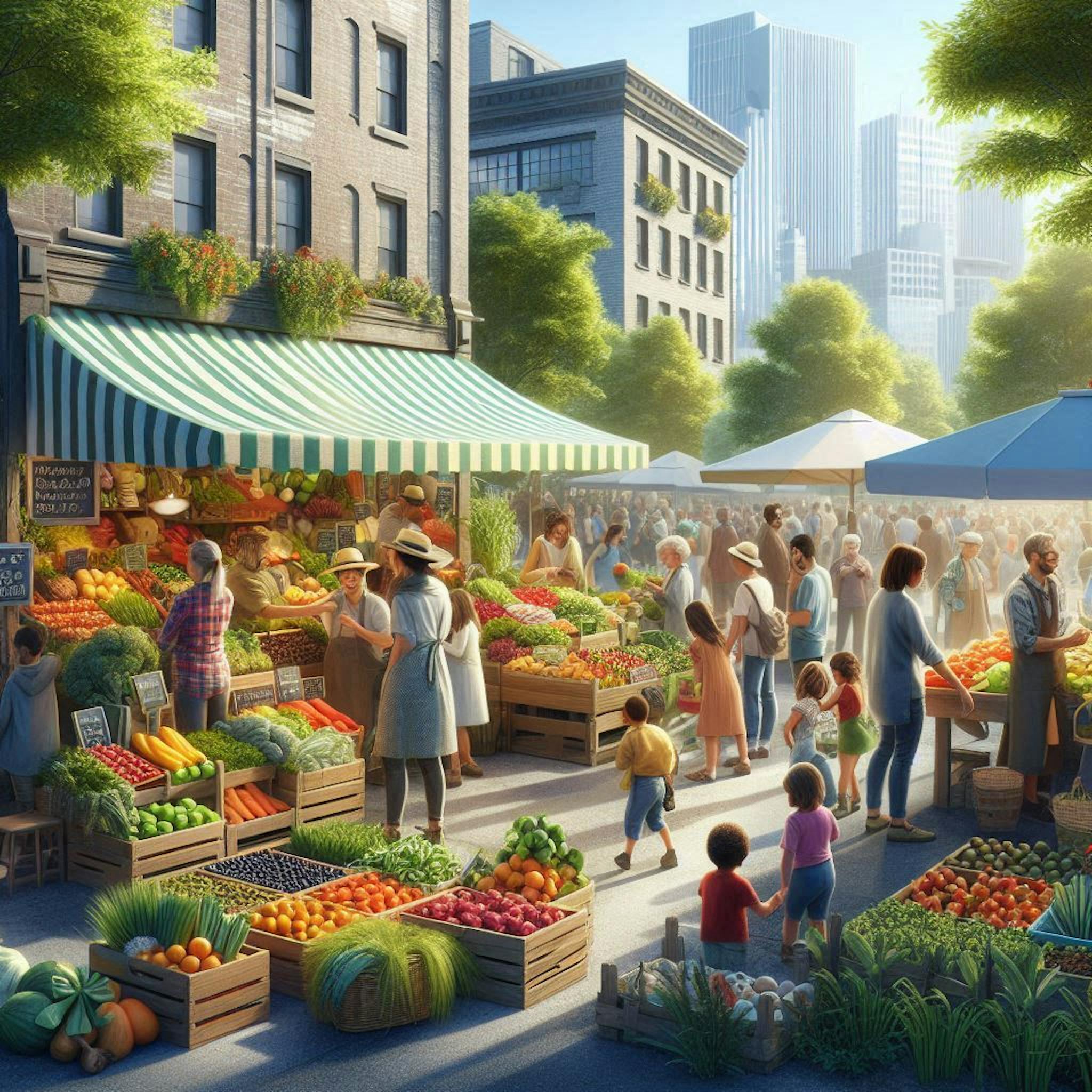 A lively farmers' market featuring diverse vendors and families engaging with fresh, locally sourced produce, emphasizing the benefits of local food systems and community involvement in promoting healthier eating habits.