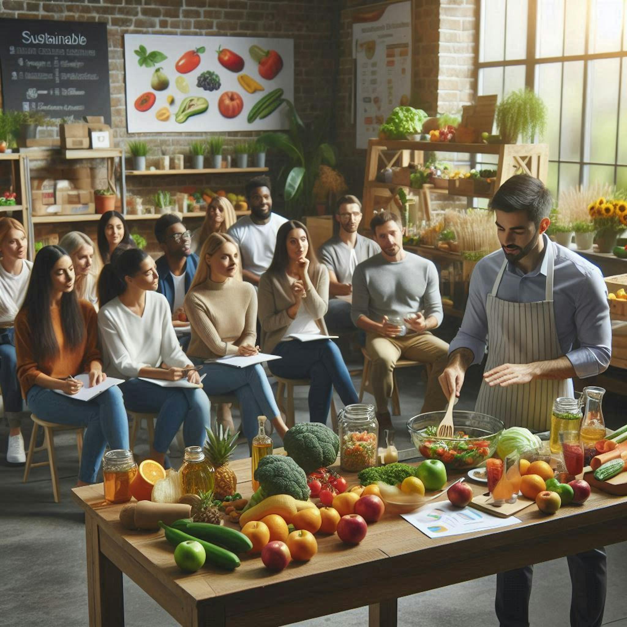 A community workshop on nutrition education, featuring diverse participants learning about sustainable food practices and healthy cooking techniques to promote informed dietary choices.