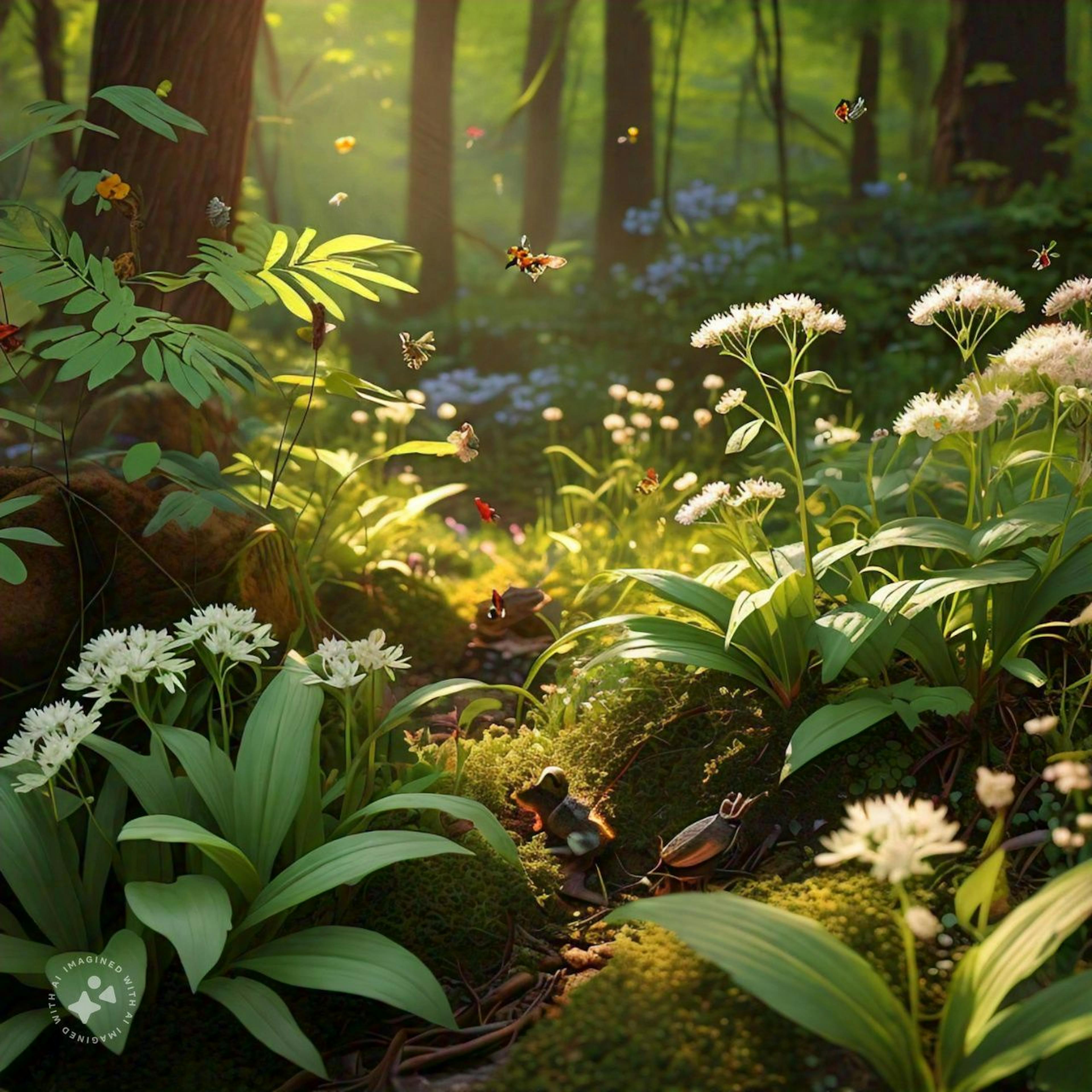 Sunlit Appalachian forest floor showcasing diverse understory herbs, including ramps and American ginseng.