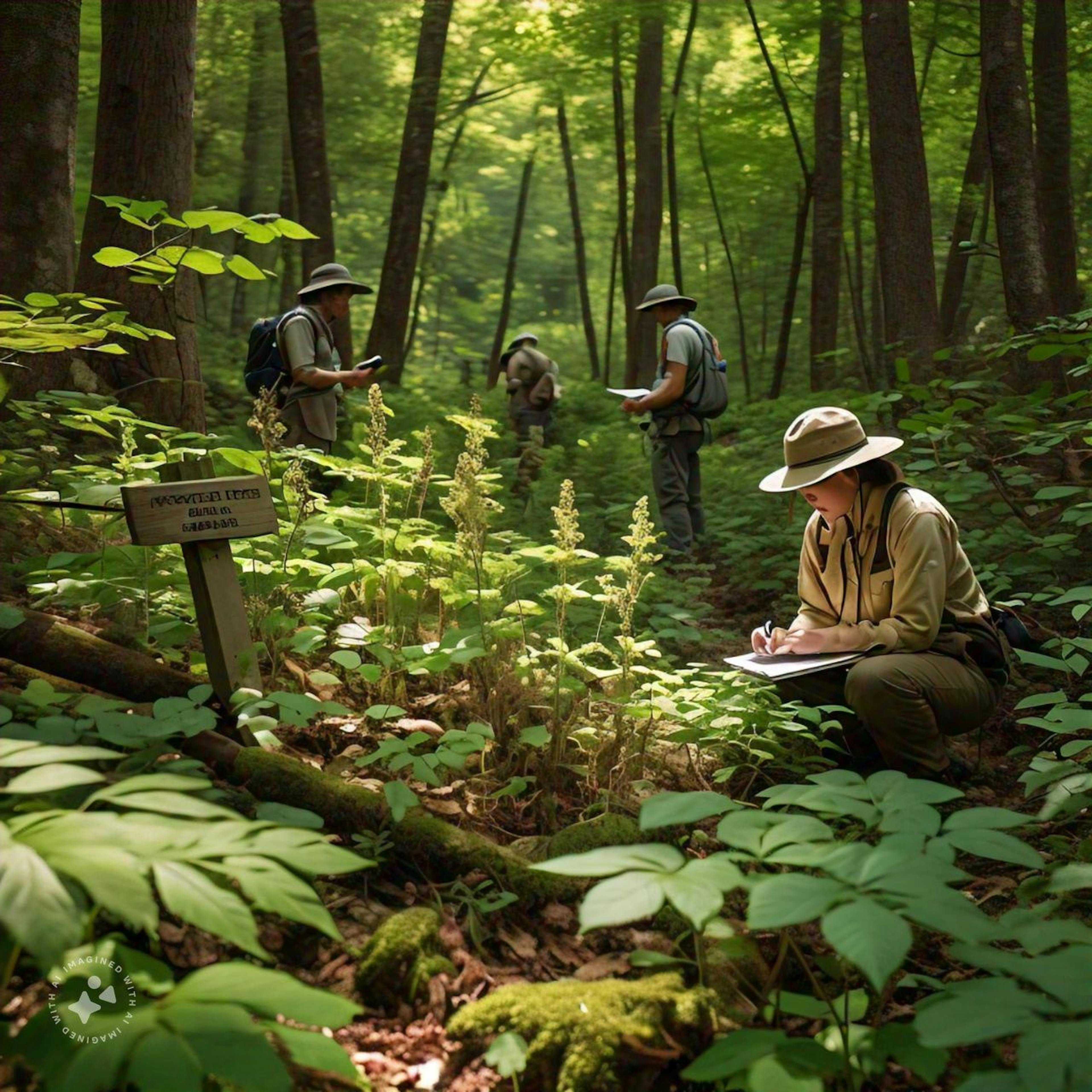 Conservationists study slow-growing Appalachian woodland botanicals in an undisturbed hardwood forest, highlighting sustainable practices amidst habitat fragmentation concerns.