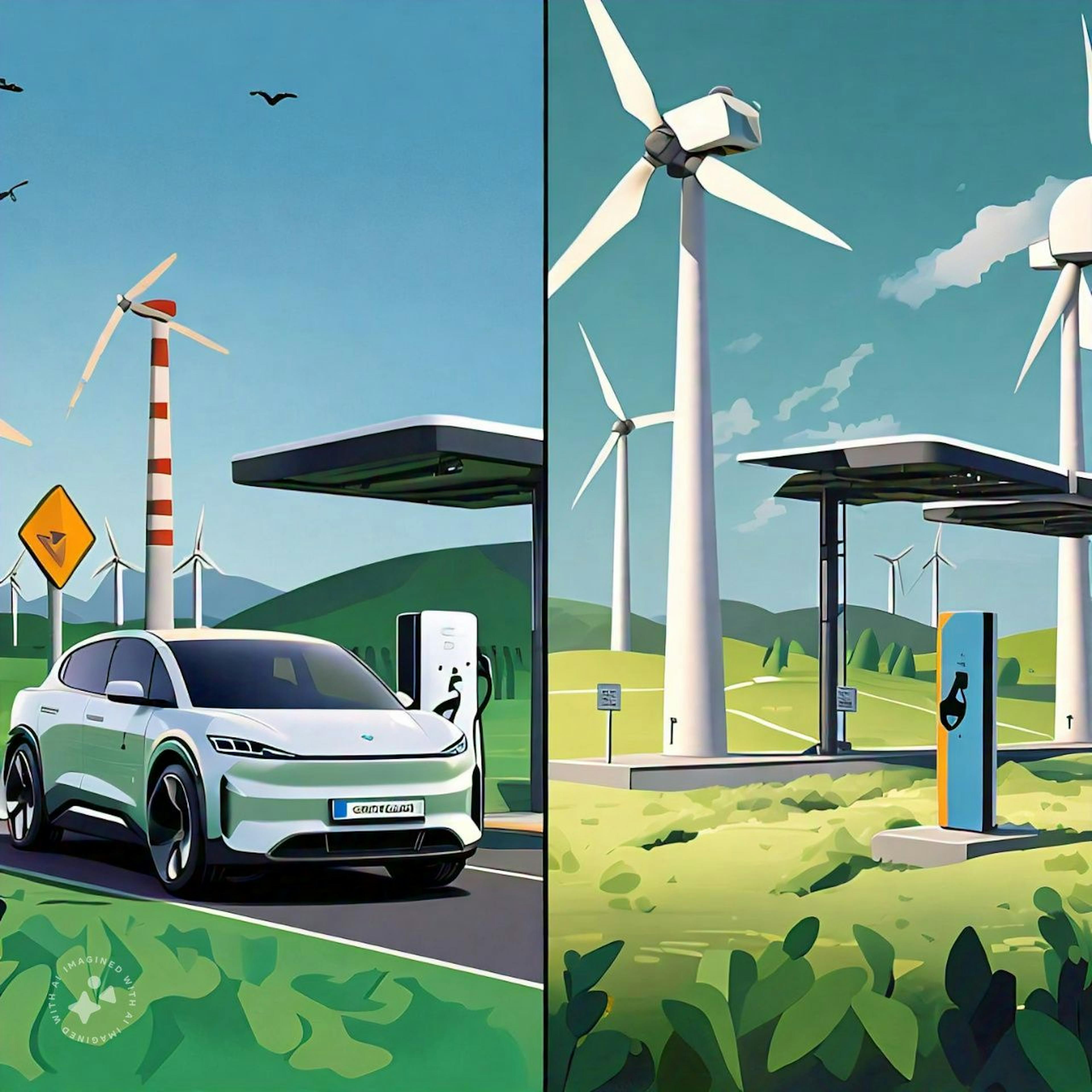 Electric vehicle charging comparison: grid-powered vs renewable energy sources, showcasing emissions difference.