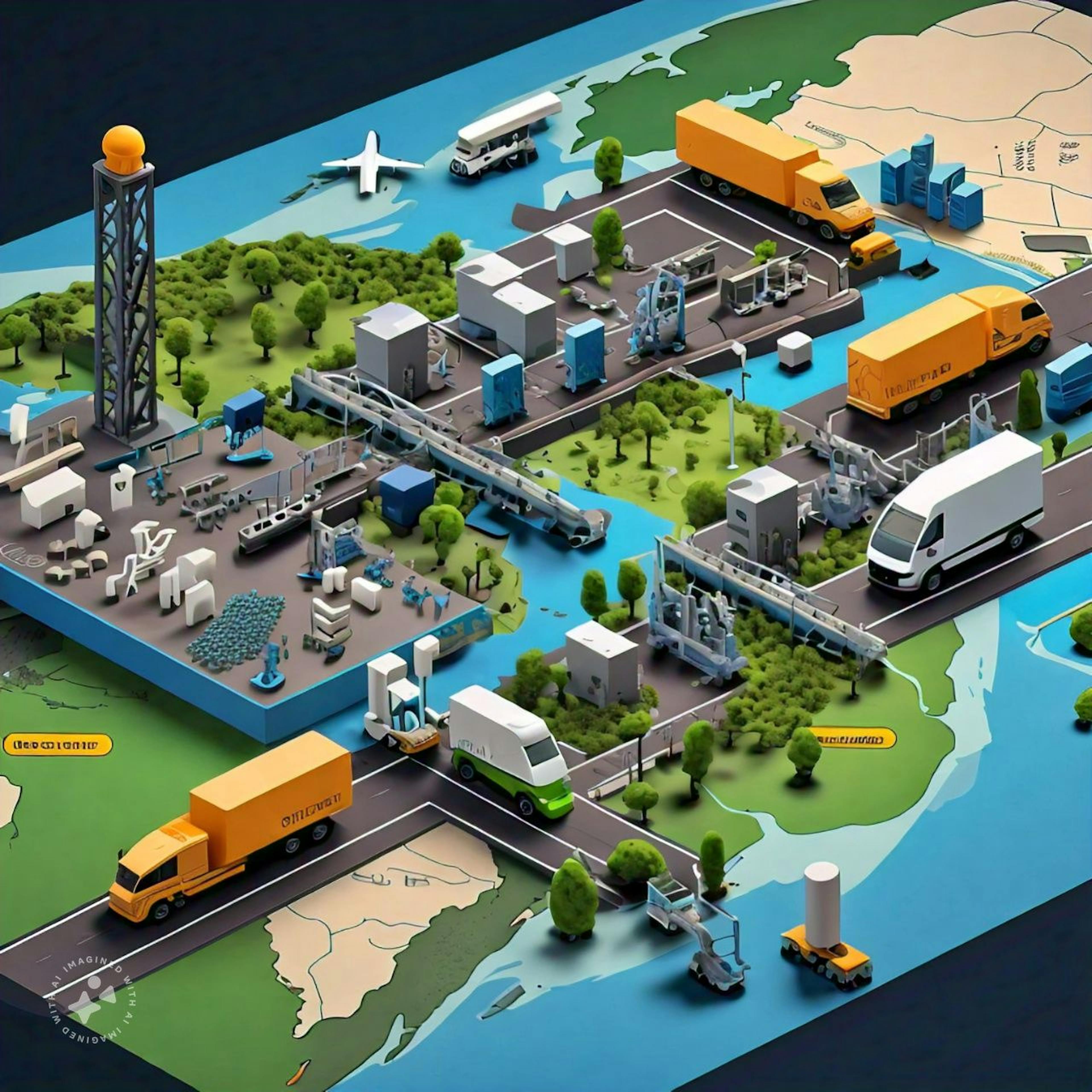 Global supply chain for electric vehicles showing transport modes and manufacturing locations across continents.