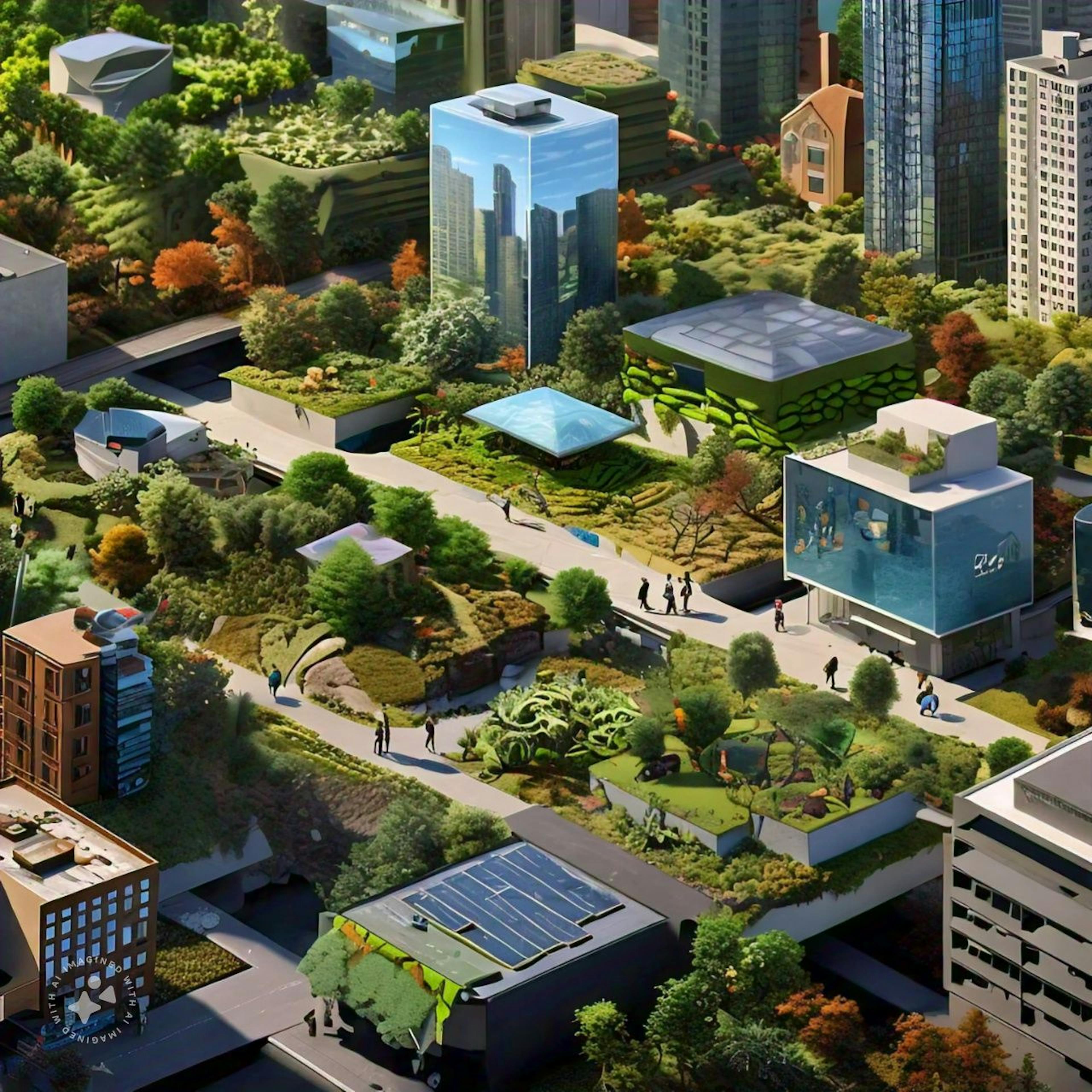 Modern city integrated with nature, showcasing sustainable economic practices and ecosystem preservation for a balanced, nature-based economy