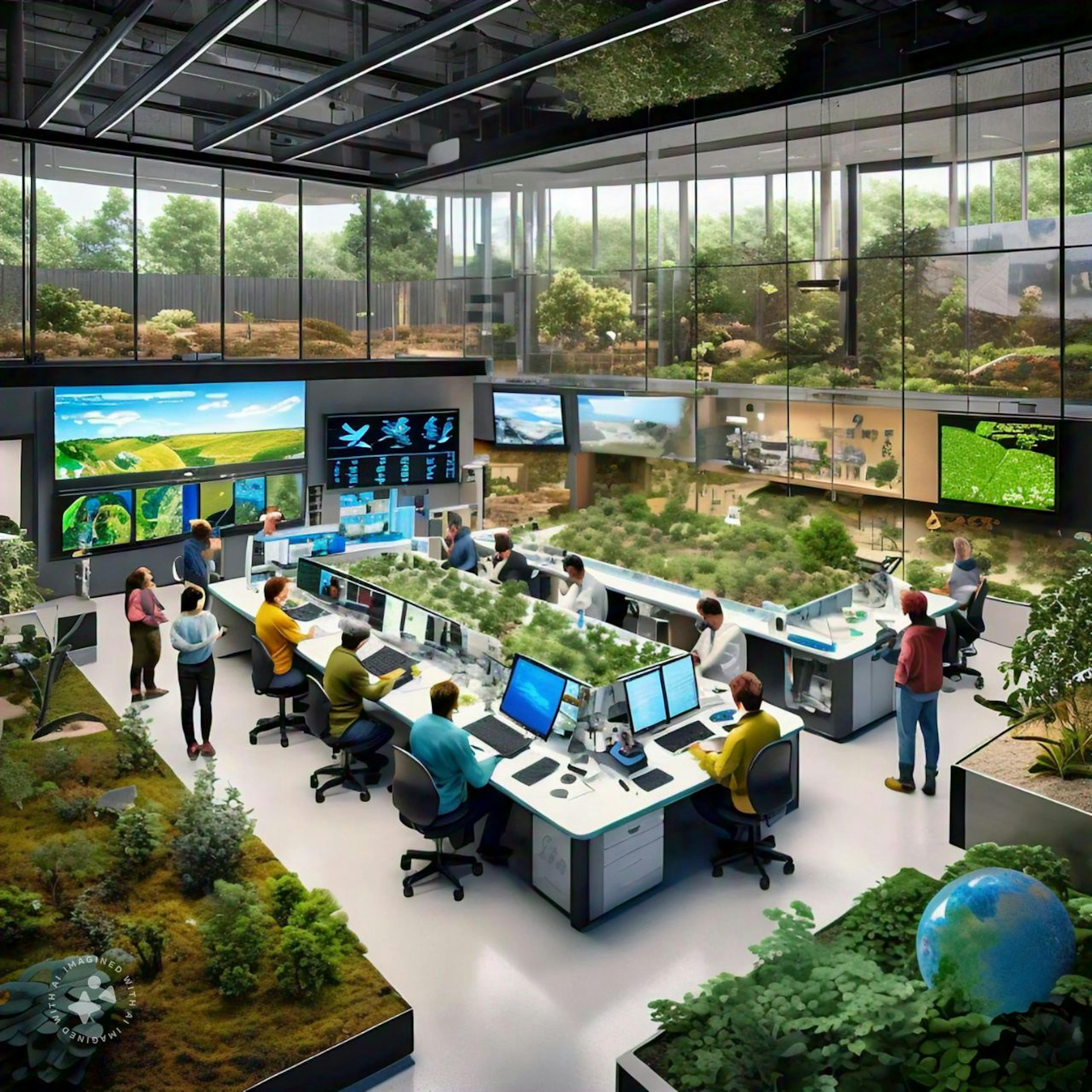 Cutting-edge environmental research facility with diverse scientists collaborating on innovative solutions for ecosystem preservation and climate change mitigation.