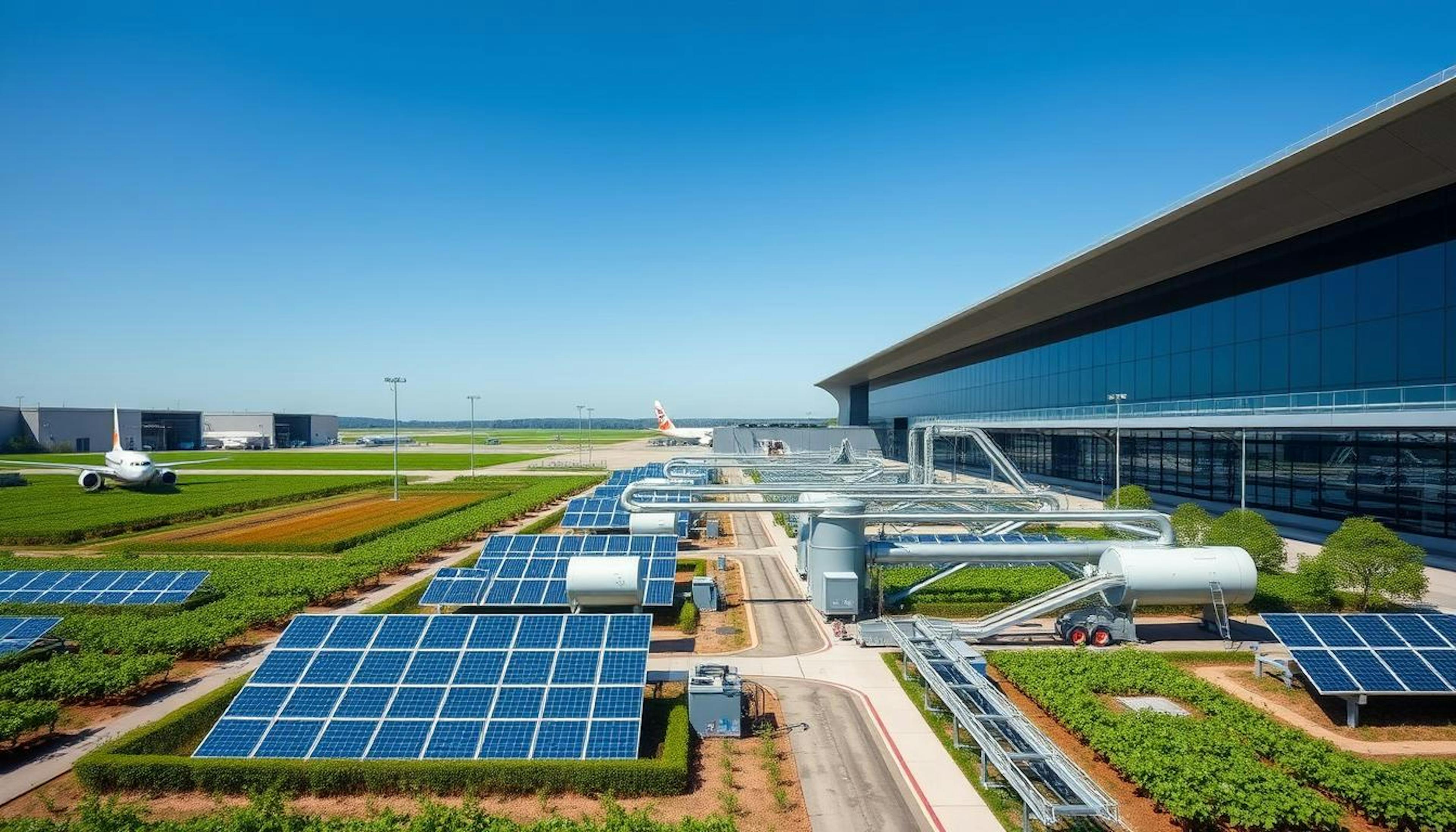 sustainable aviation fuel (SAF) supply chain from organic feedstock to airport distribution, showcasing renewable energy integration and eco-conscious practices in aviation fuel production