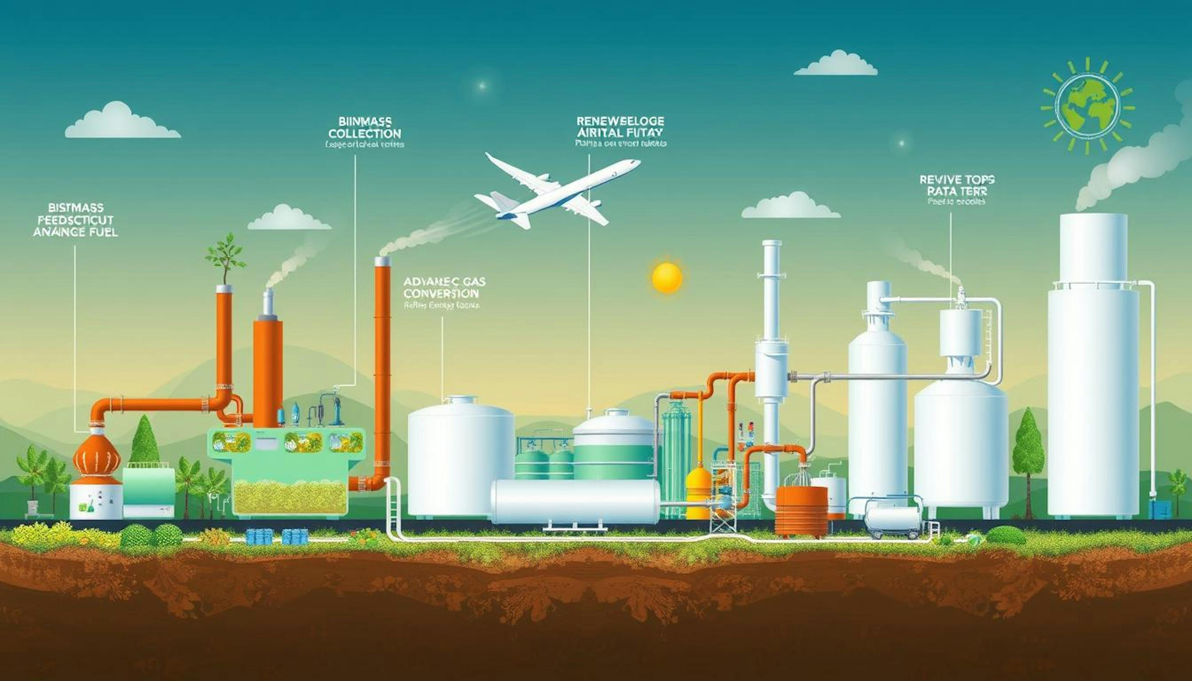 Illustration of U.S. government initiatives and collaborations advancing sustainable aviation fuel (SAF) production and research for future air travel.