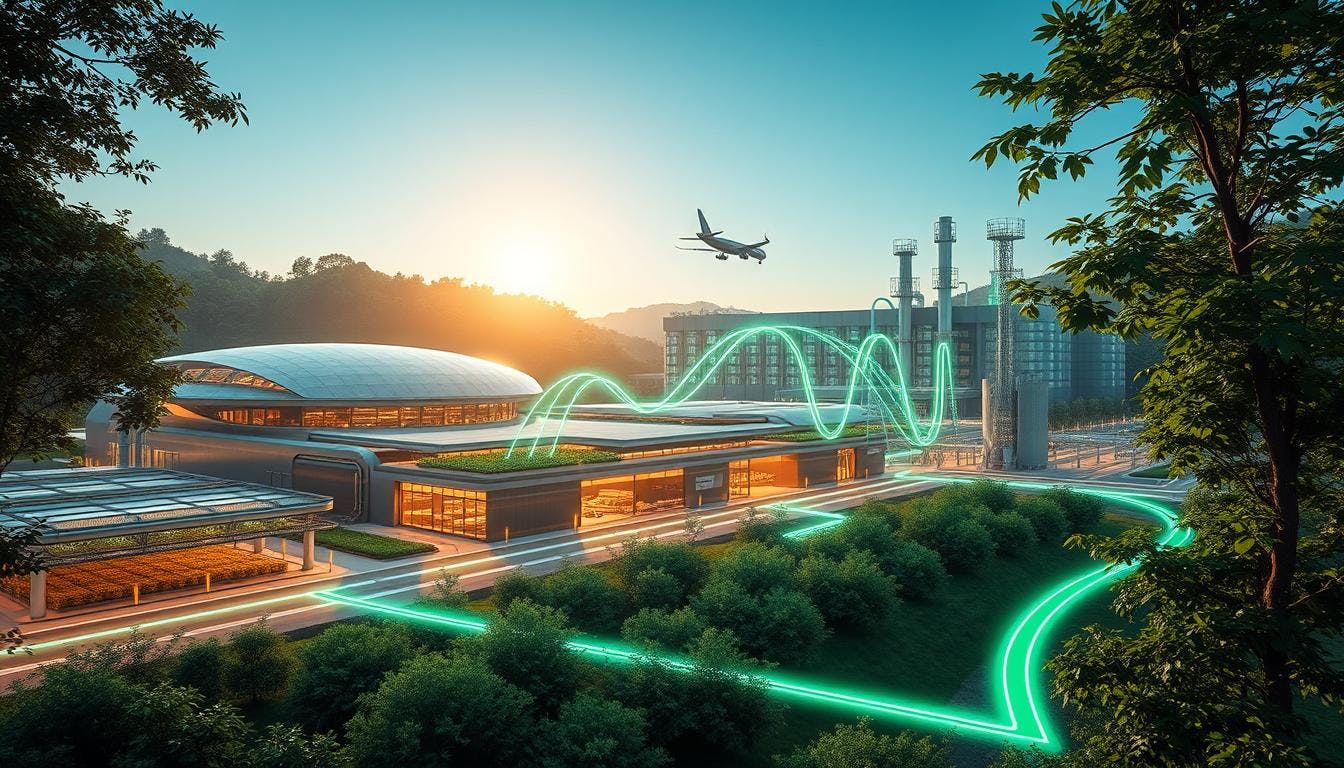 An illustration of SAF’s lifecycle, showing stages from renewable feedstocks and production to reduced-emission flights, with symbols like green leaves, wind turbines, and a clear sky representing sustainability.