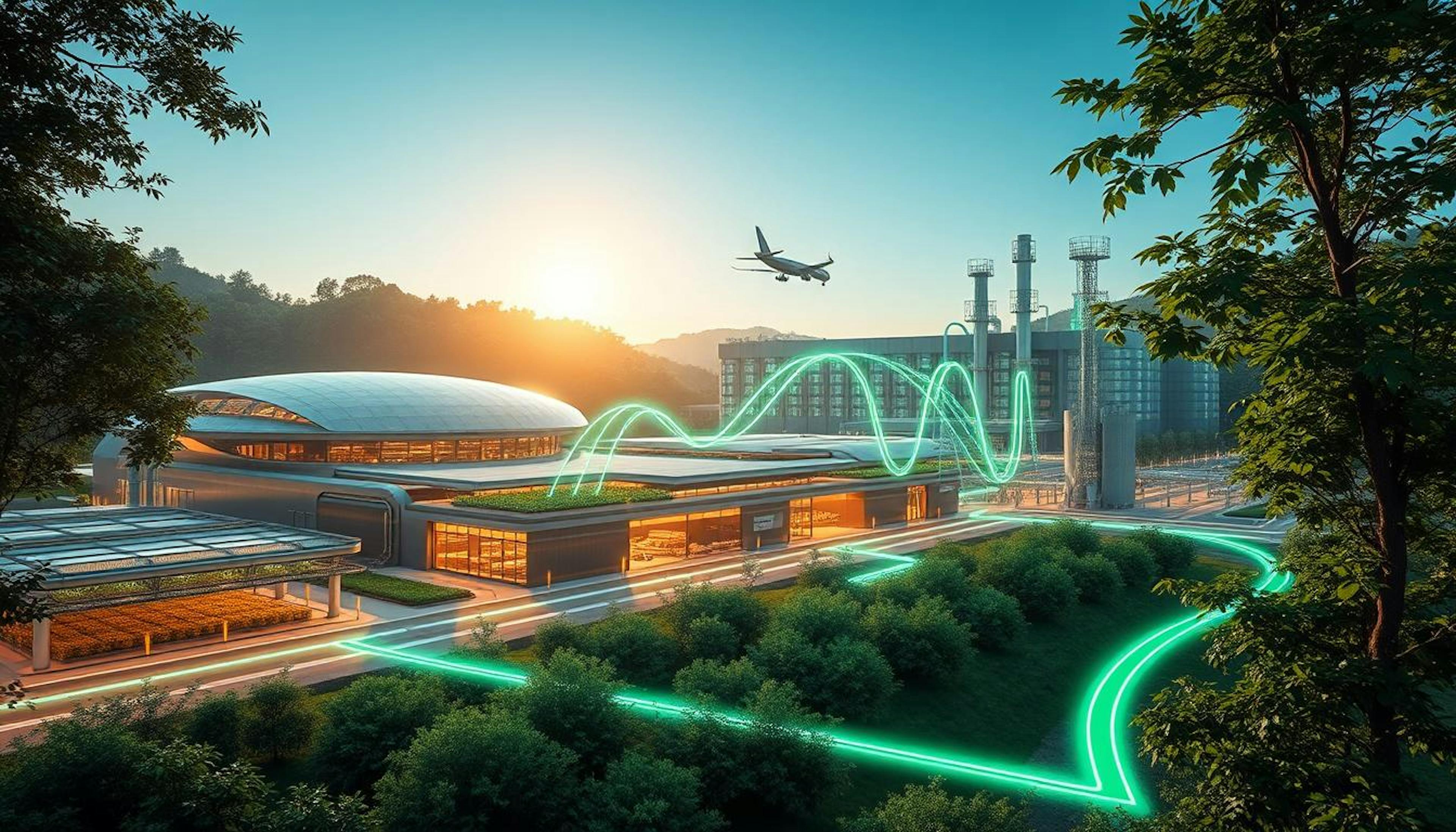 An illustration of SAF’s lifecycle, showing stages from renewable feedstocks and production to reduced-emission flights, with symbols like green leaves, wind turbines, and a clear sky representing sustainability.