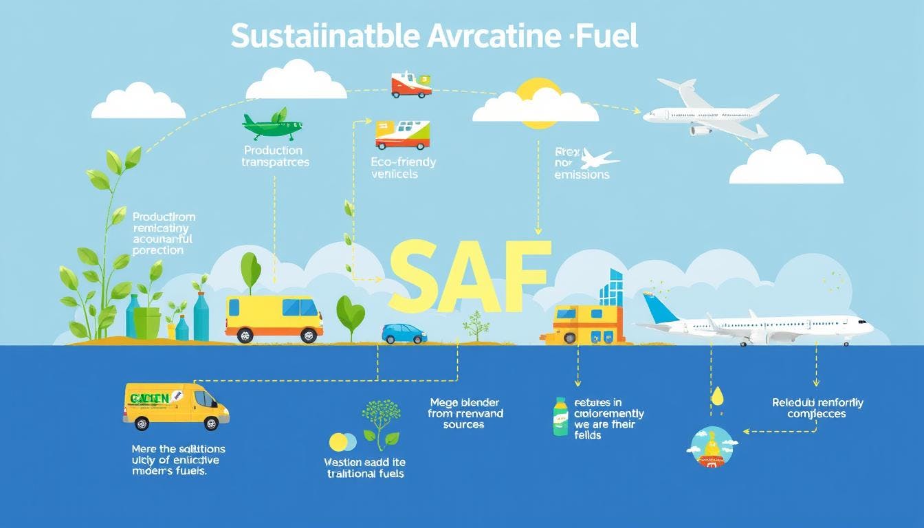 An illustration of SAF’s closed carbon loop, showing CO₂ absorption by biomass, emissions during flight, and reabsorption to complete the cycle, symbolising reduced carbon impact in aviation.