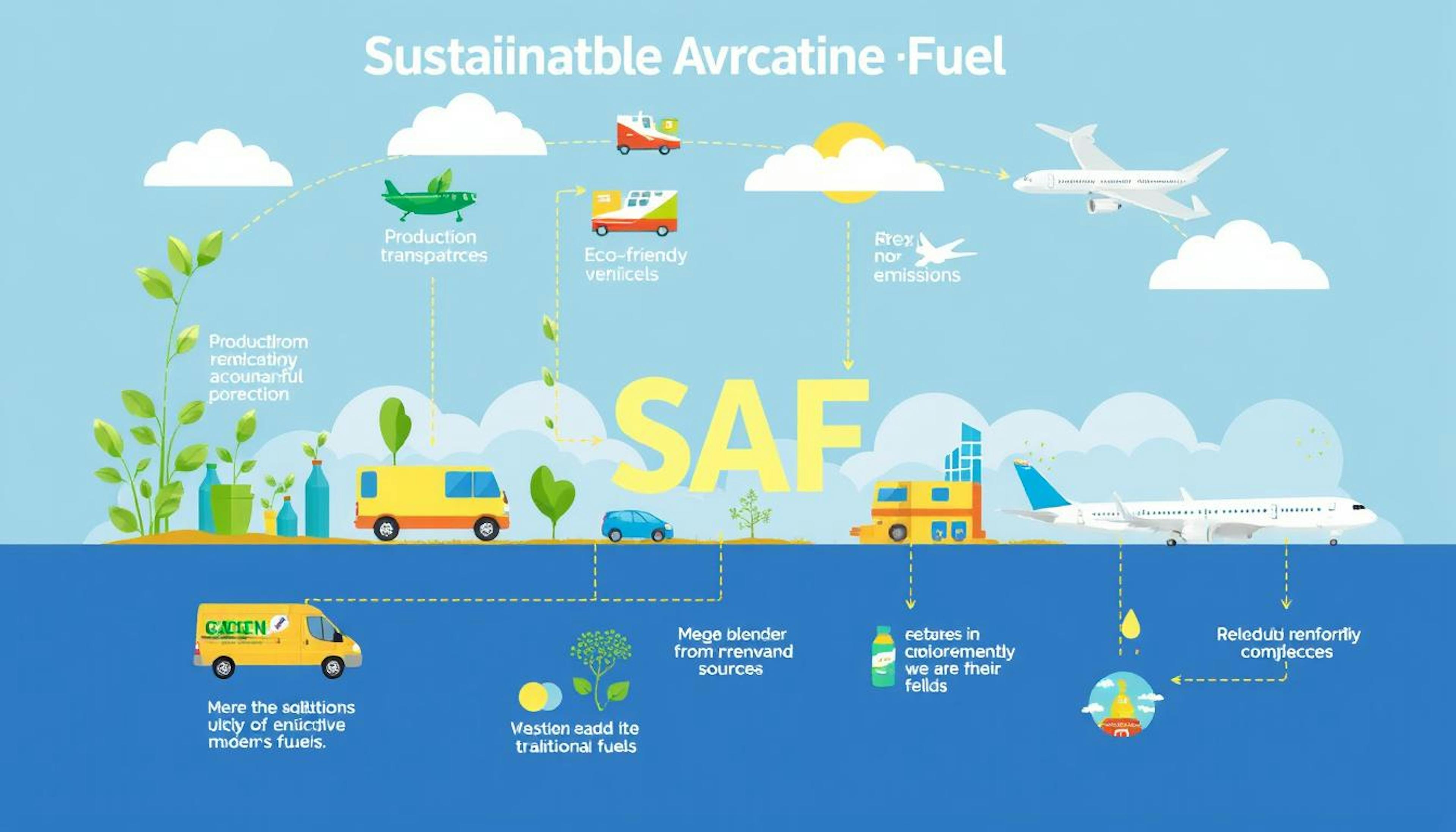 An illustration of SAF’s closed carbon loop, showing CO₂ absorption by biomass, emissions during flight, and reabsorption to complete the cycle, symbolising reduced carbon impact in aviation.